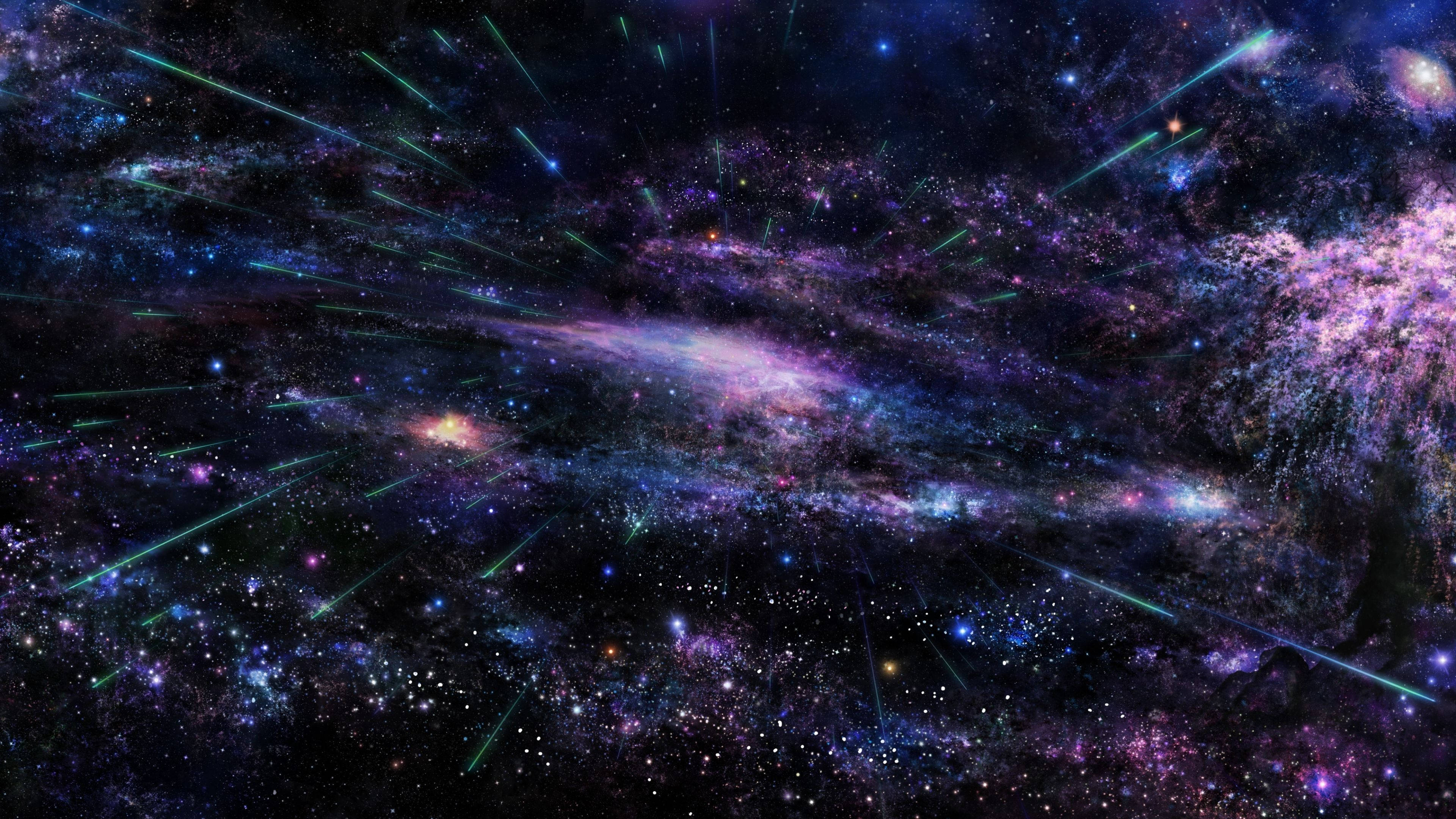 4K 超高清銀河星爆 壁紙 — 在佈滿星星的虛空中，紫色和藍色星雲的宇宙漩渦，帶有發光的綠色流星。
