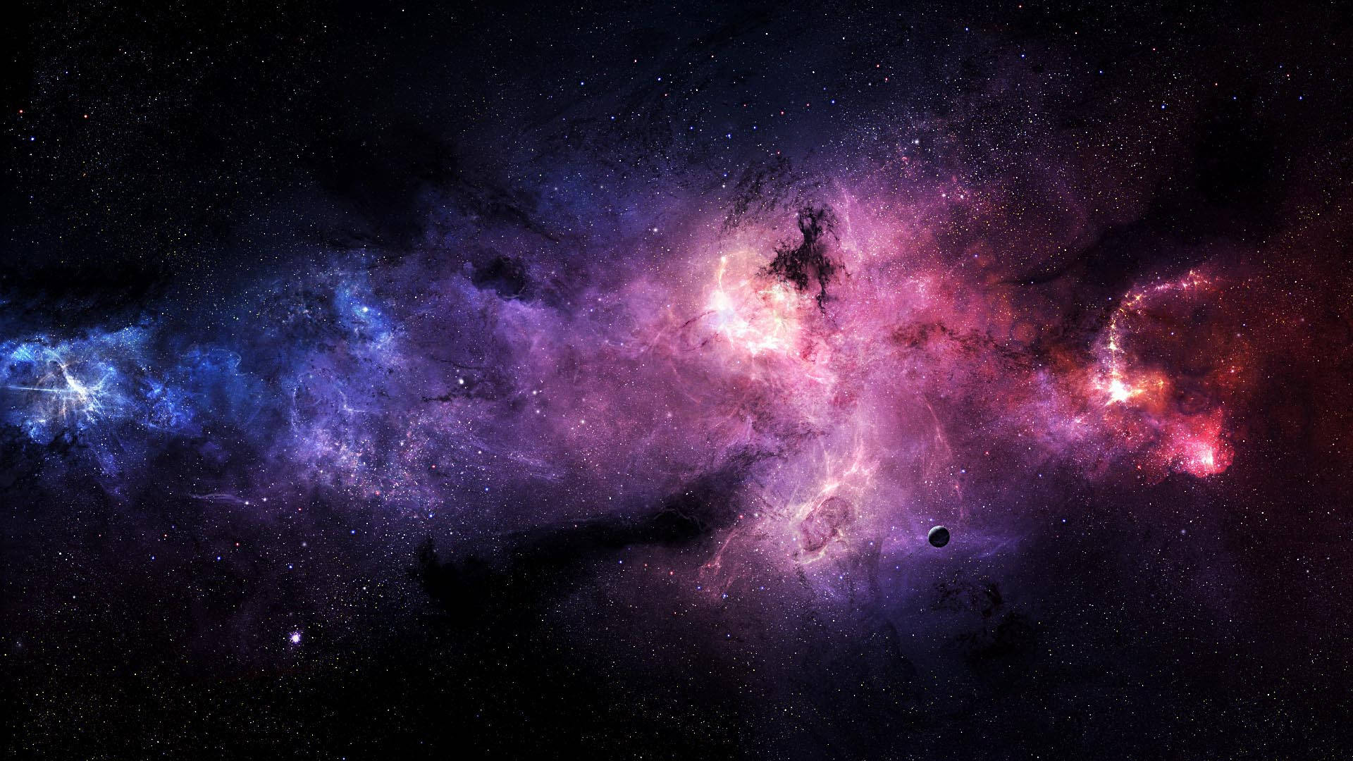 4K 超高清銀河雲層 壁紙 — 充滿活力的宇宙星雲在電光紫、粉紅和藍色中旋轉，背景是星空，附近漂浮著一顆小行星。