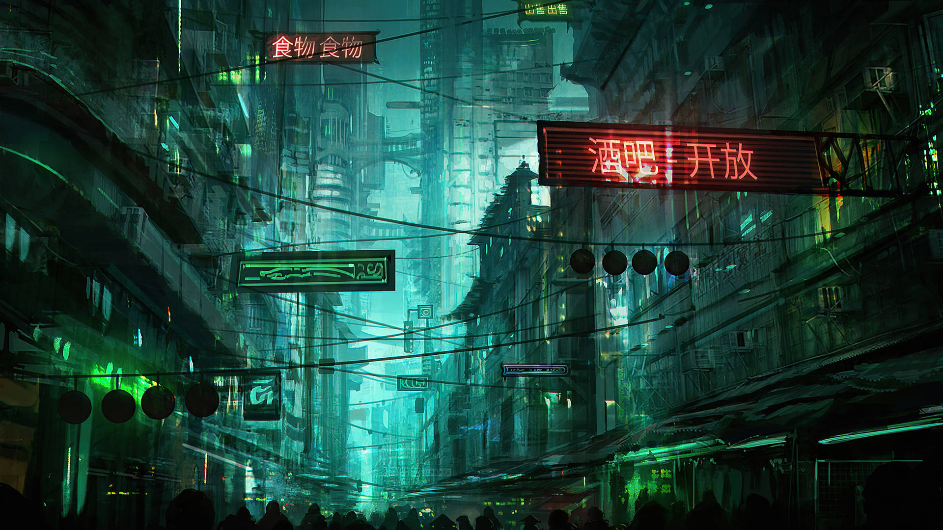 未來城市的小巷，霓虹燈招牌和雨濕的街道在夜晚閃閃發光。