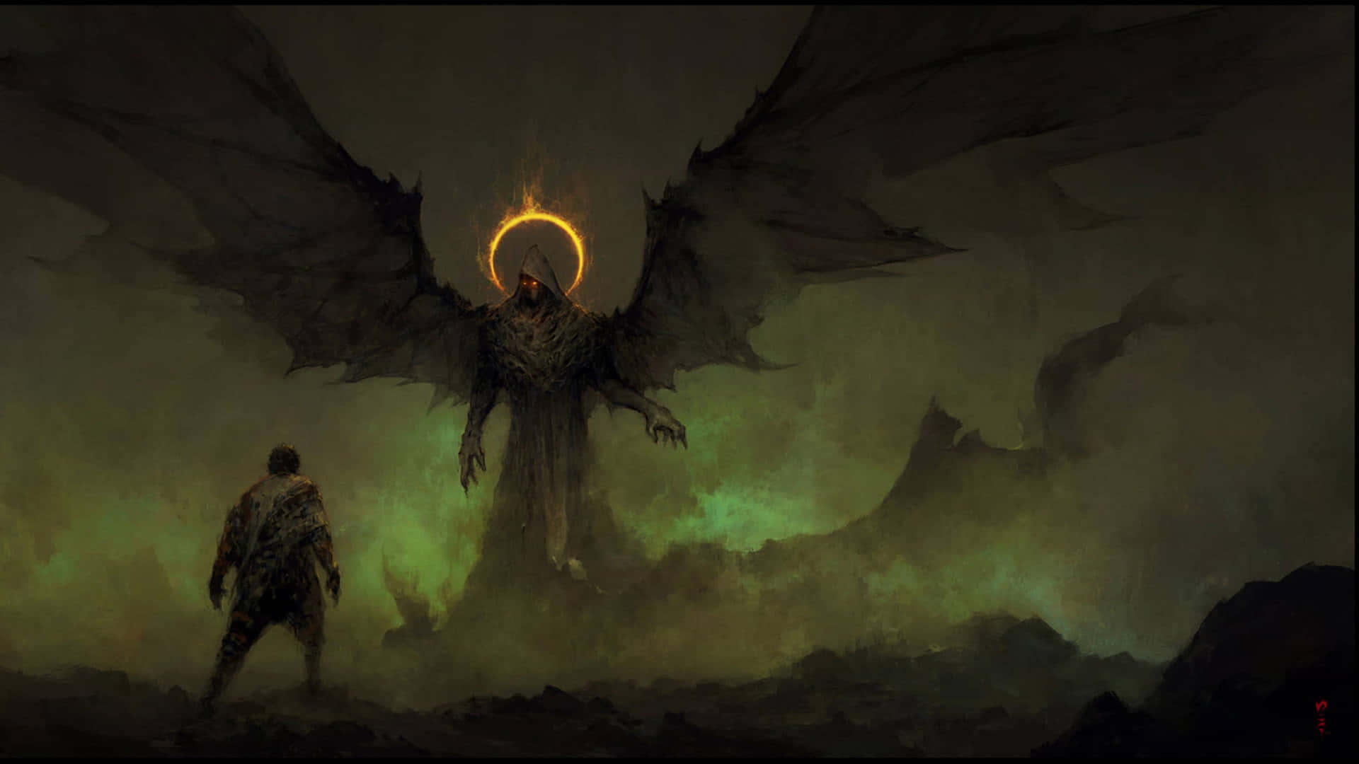 一個小人對抗一個巨大的黑翼惡魔，惡魔有發光的光環，背景是陰鬱的綠色景觀。