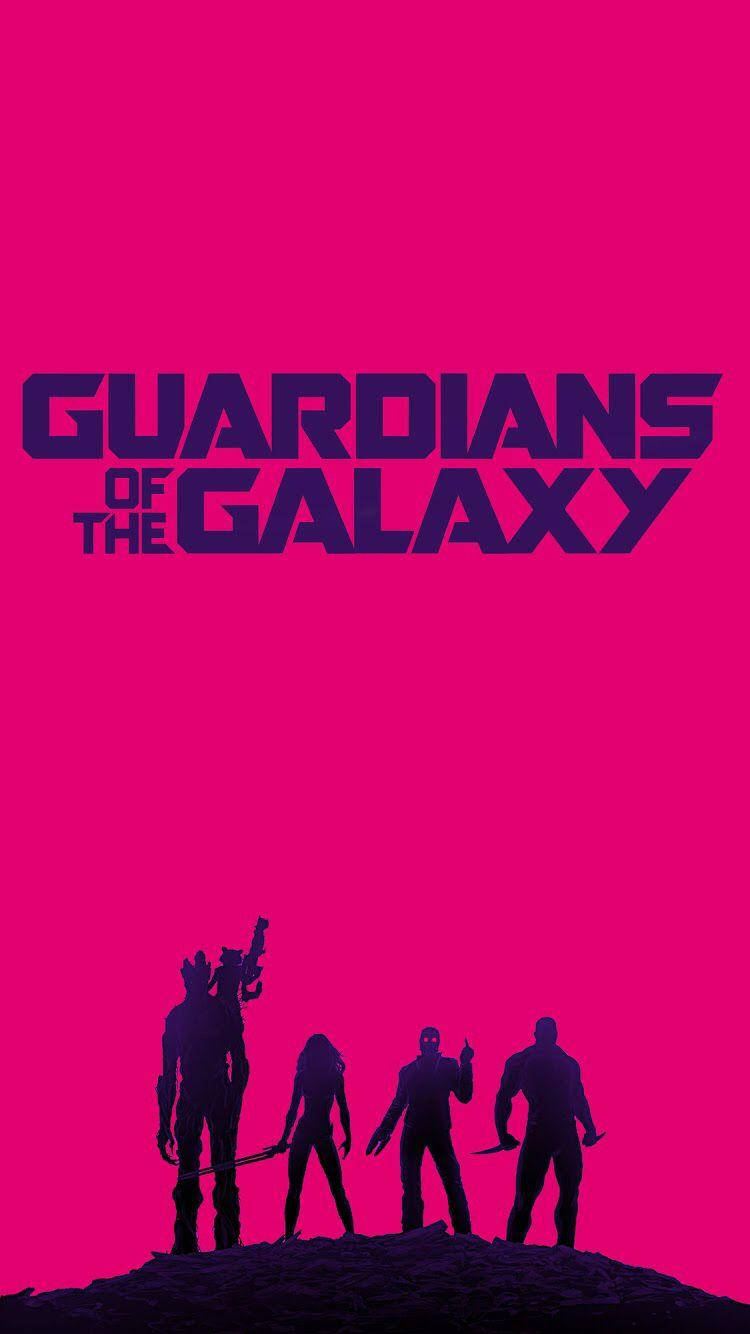 岩石上的四個超級英雄剪影，粉紅色背景上寫著「Guardians of the Galaxy」標題。