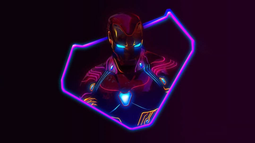 Iron Man 穿著發光裝甲在霓虹六邊形內，背景為深色。 — 4K 雷神索爾壁紙 壁紙