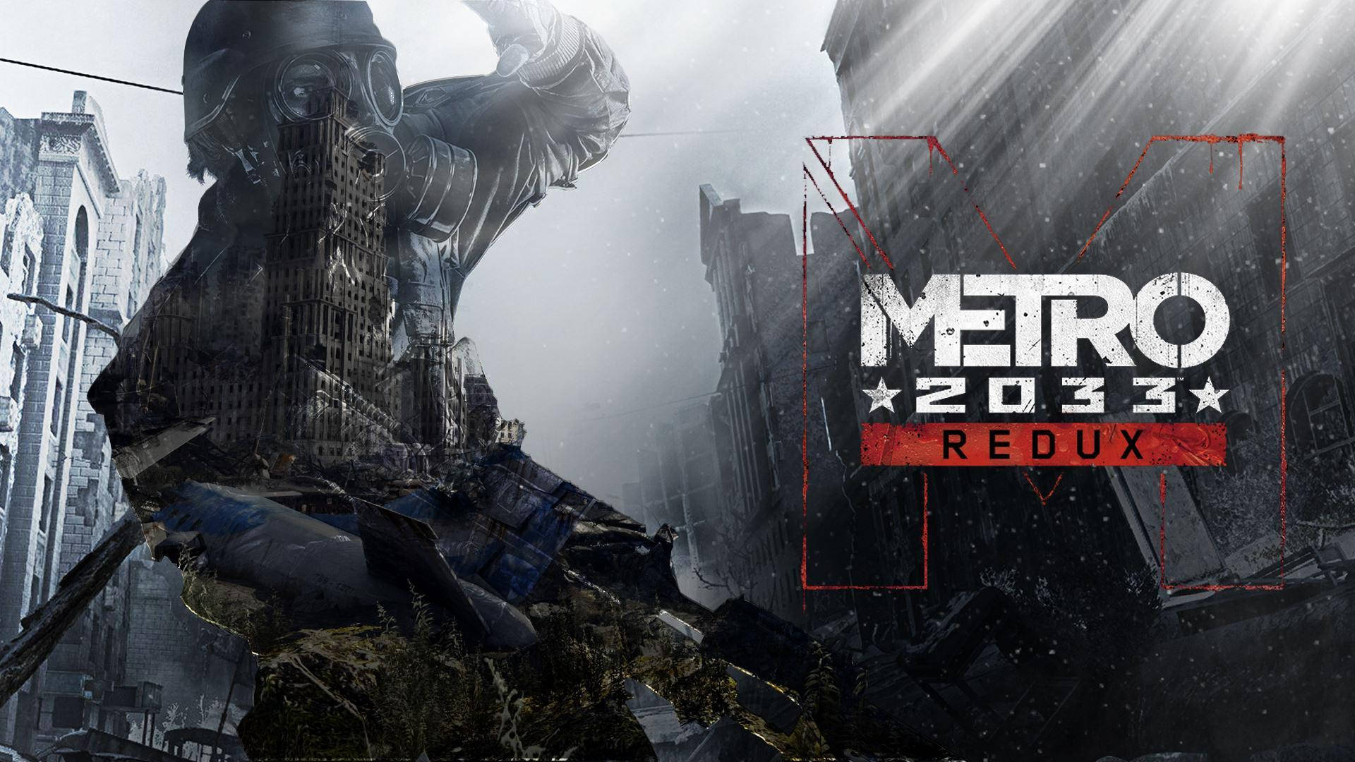 來自 Metro 2033 Redux 的雪地廢墟城市景觀中的防毒面具人物