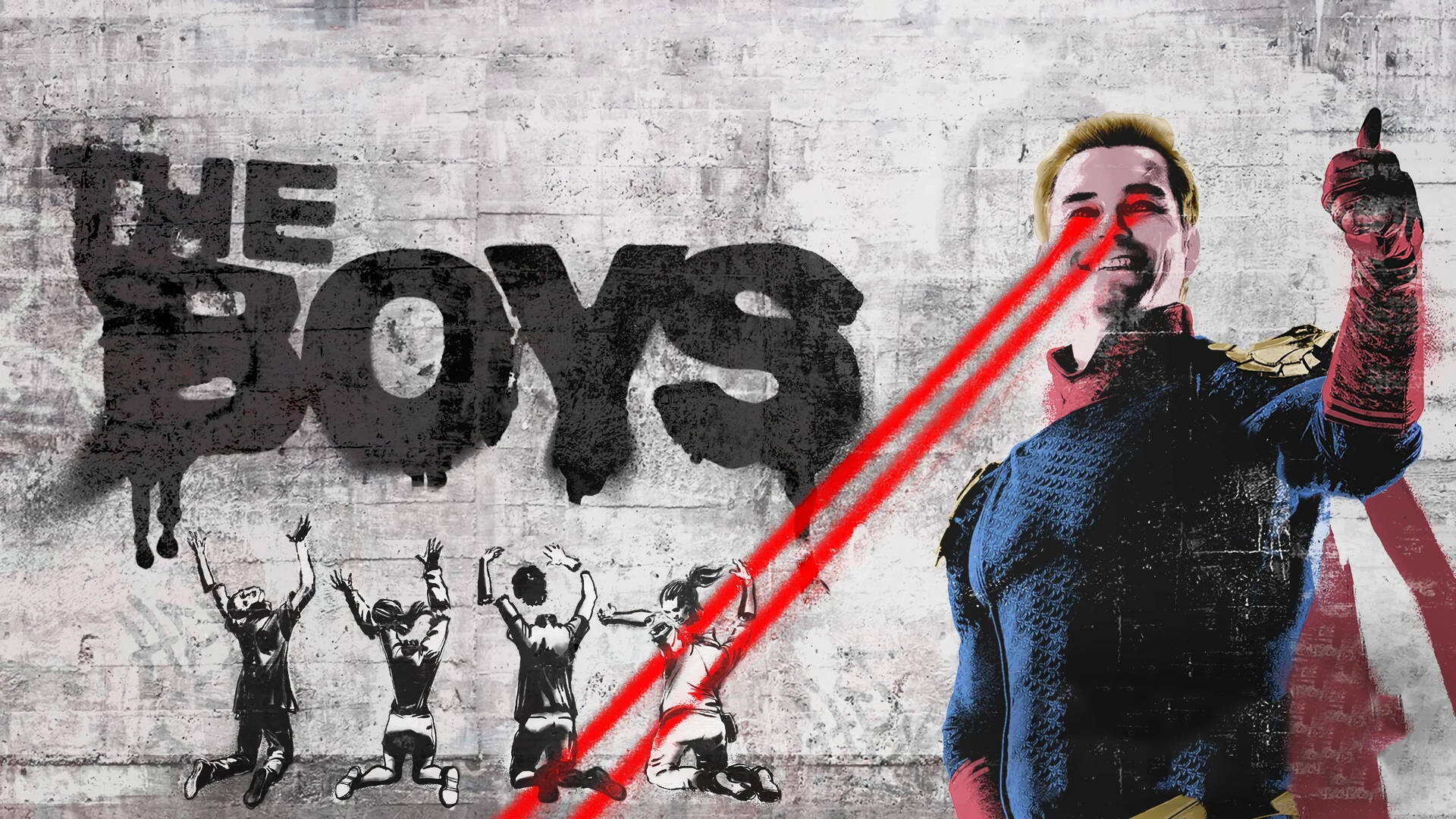 擁有紅色激光眼睛的超級英雄，以及寫著 'THE BOYS' 並帶有四個人物在下的塗鴉牆。