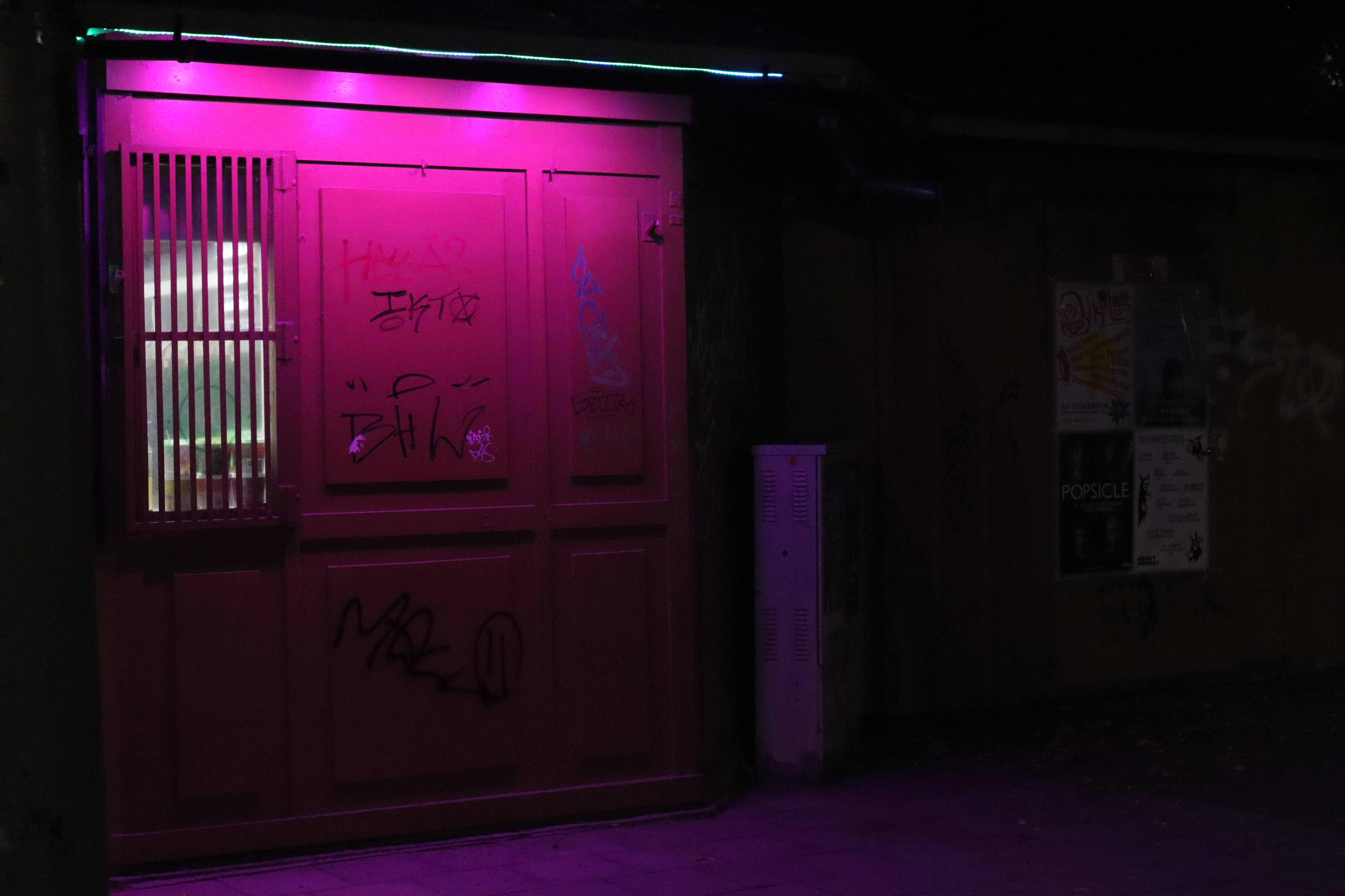 4K 霓虹粉紅 LED 燈光 壁紙 — 一扇佈滿塗鴉的門在霓虹粉紅燈光下，於夜晚在粗糙的城市小巷中發光。