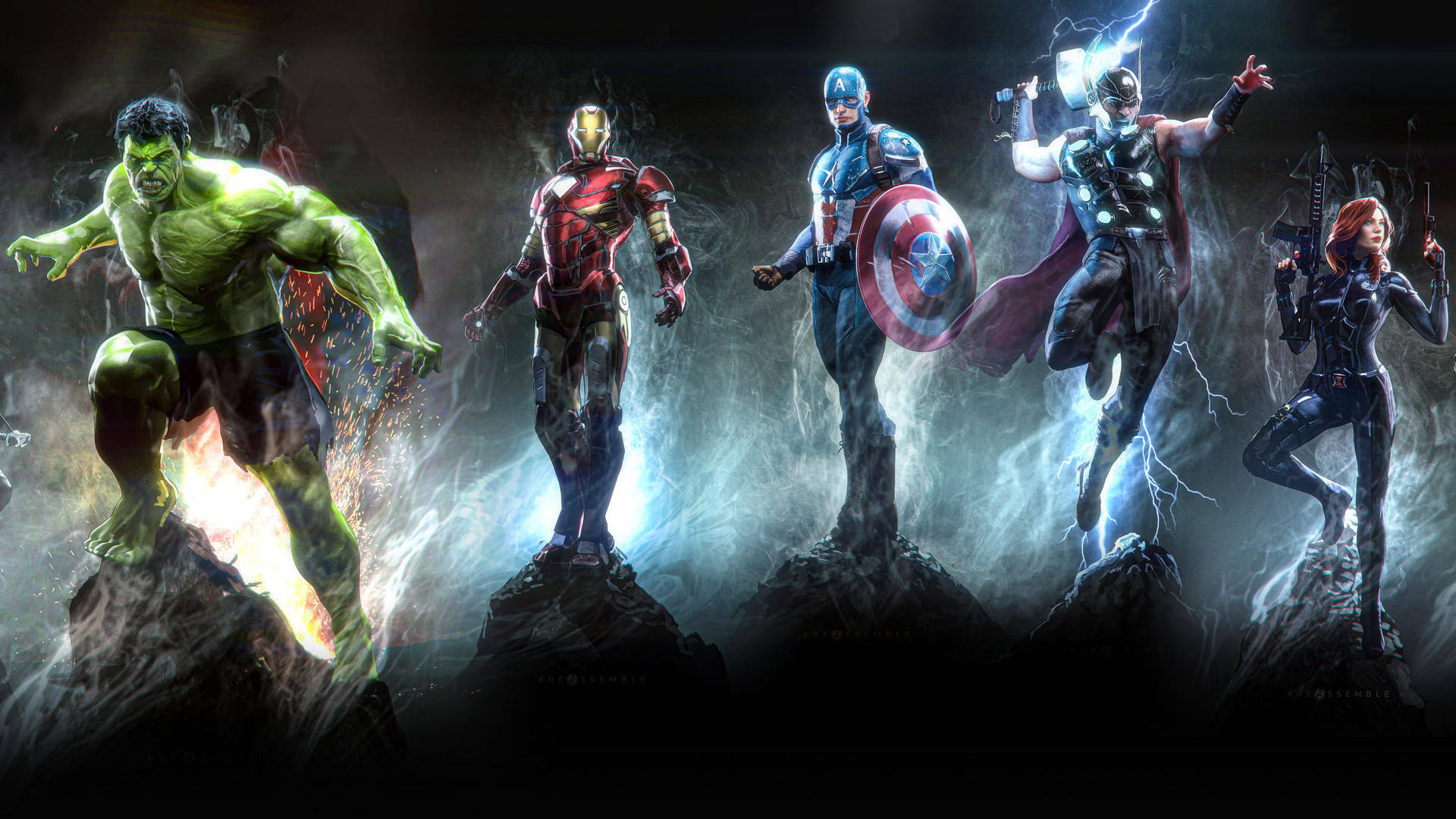 六位超級英雄包括Hulk、Iron Man、Captain America、Thor和Black Widow站在暴風雨中的岩石上。