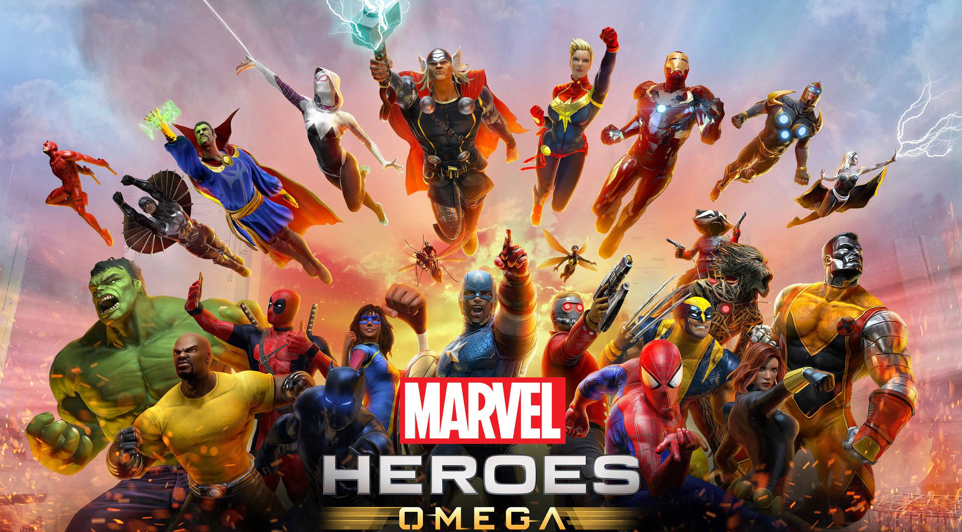 Marvel Heroes Omega 遊戲封面，展示一個多元化的超級英雄團隊擺出動作姿勢。 — 4K Marvel 壁紙 壁紙
