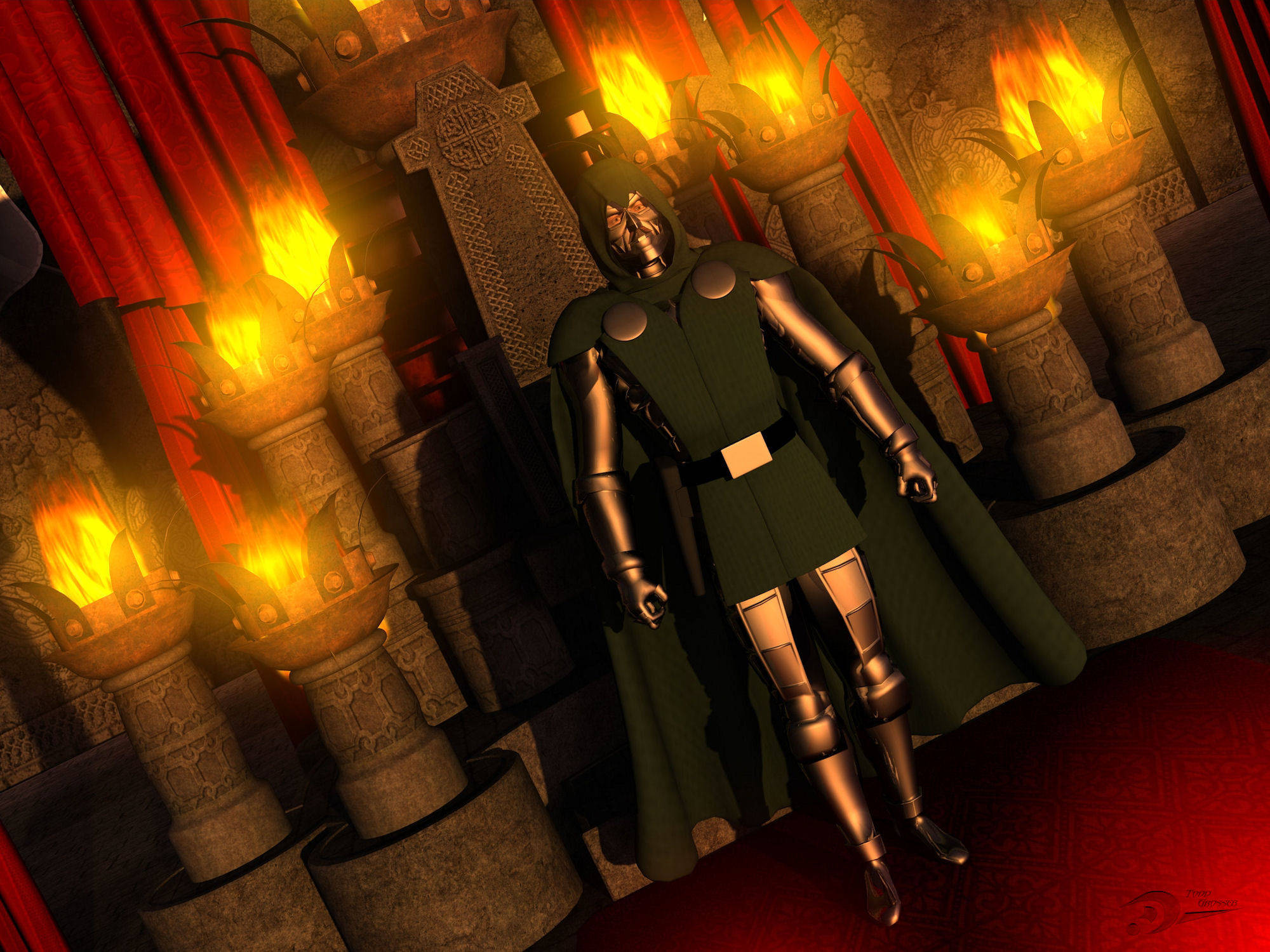 4K 魔王 Doom 持火把 壁紙 — 一個身穿綠色斗篷的威脅性裝甲人物站在一個燃燒的王座室中，周圍有燃燒的火把和紅色帷幕。