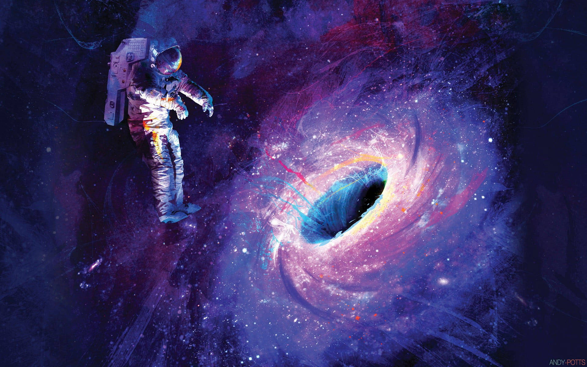 太空人在深空中觀察一個色彩繽紛的宇宙黑洞。