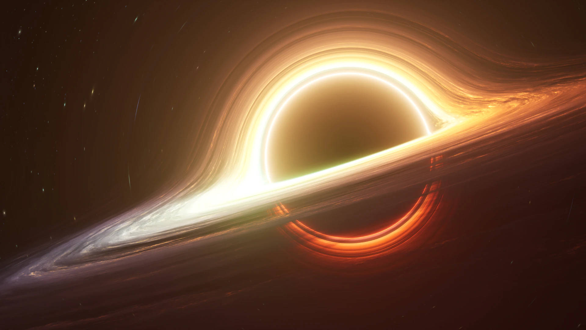 一個帶有發光吸積盤的黑洞，在深空中被星星環繞。 — 4K 黑色 壁紙