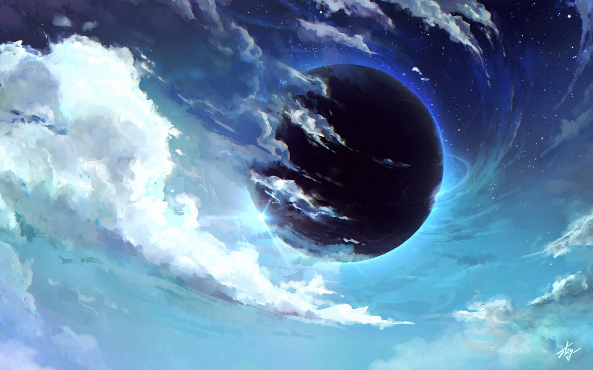 一顆黑暗的行星被旋轉的雲層和星星環繞，伴隨著明亮的太陽爆發。