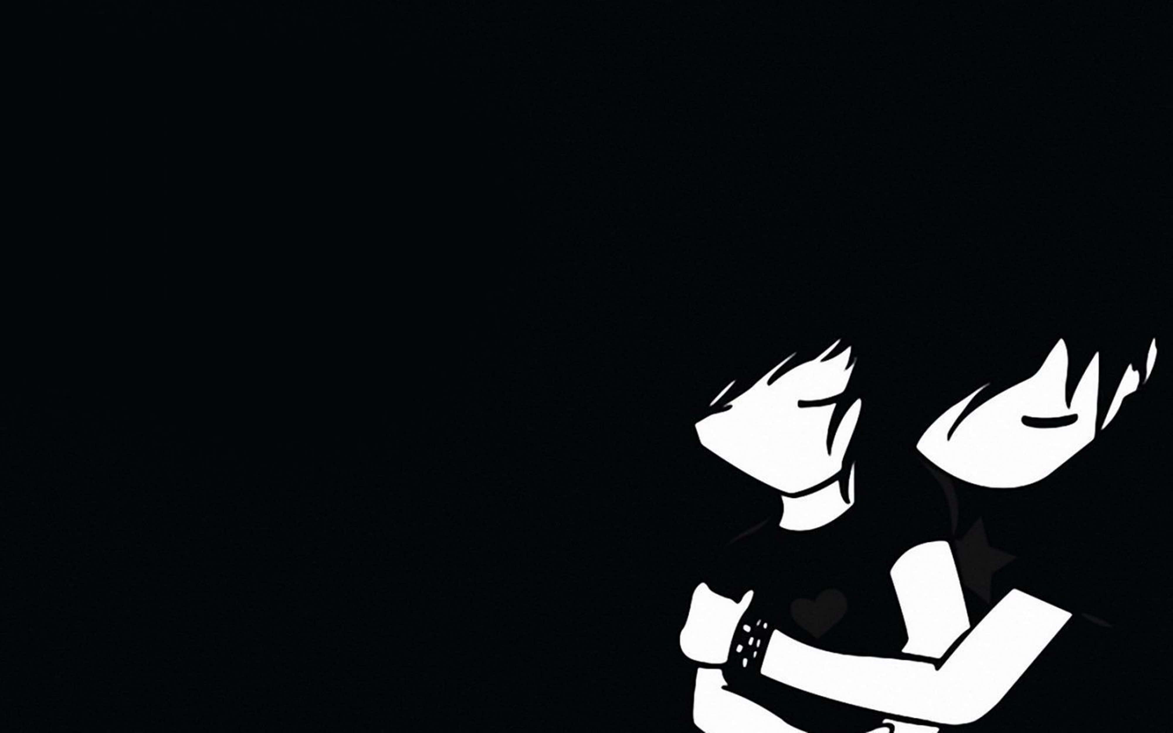 4K男孩態度emo 壁紙 — 兩個風格化的白色人物在極簡黑色背景上擁抱，其中一人的襯衫上有心形符號。