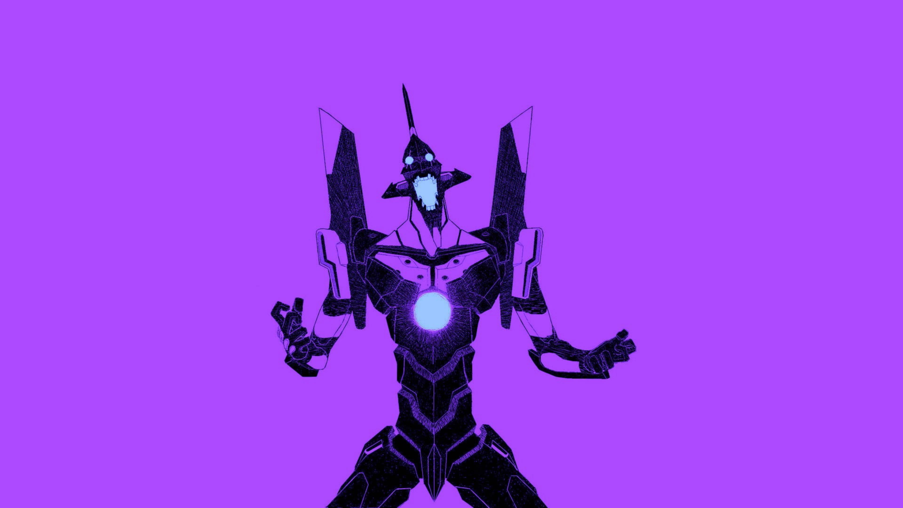《福音戰士》4K紫色EVA Unit-01 壁紙 — 一個帶有發光藍色核心和尖銳角的威脅性黑色生化機械怪物，站在純紫色背景前。