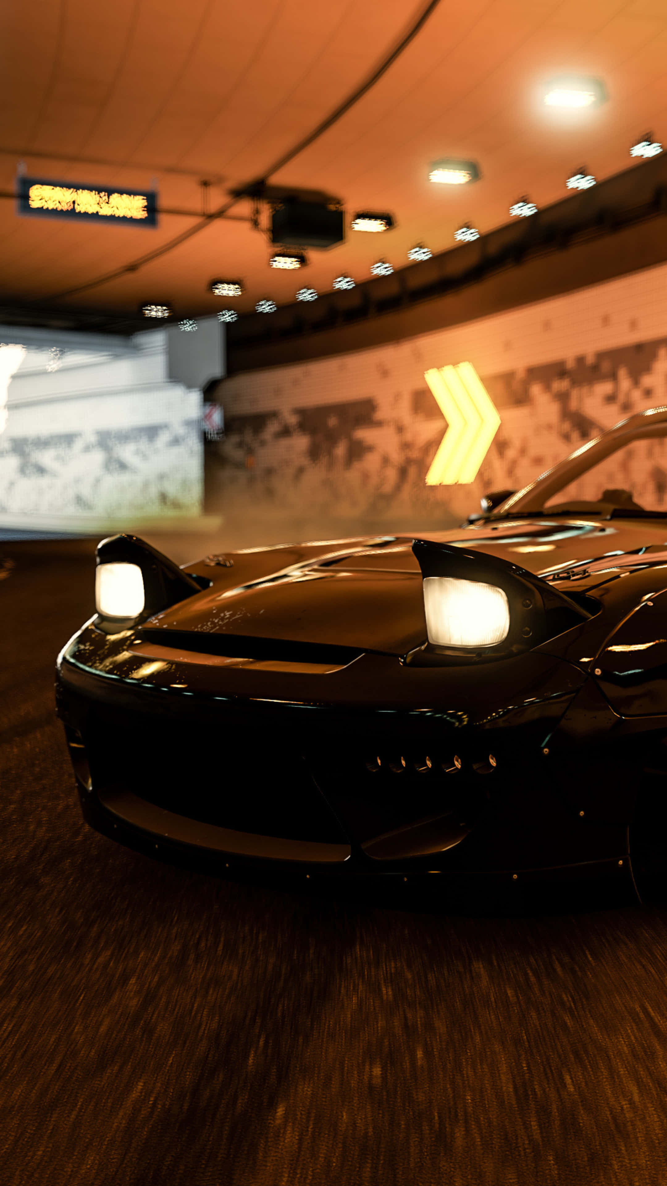 4K《Forza Motorsport 7》背景：光澤黑 Mazda RX-7 壁紙 — 一輛時尚的黑色跑車在昏暗的隧道中疾馳，明亮的車頭燈劃破動態模糊。