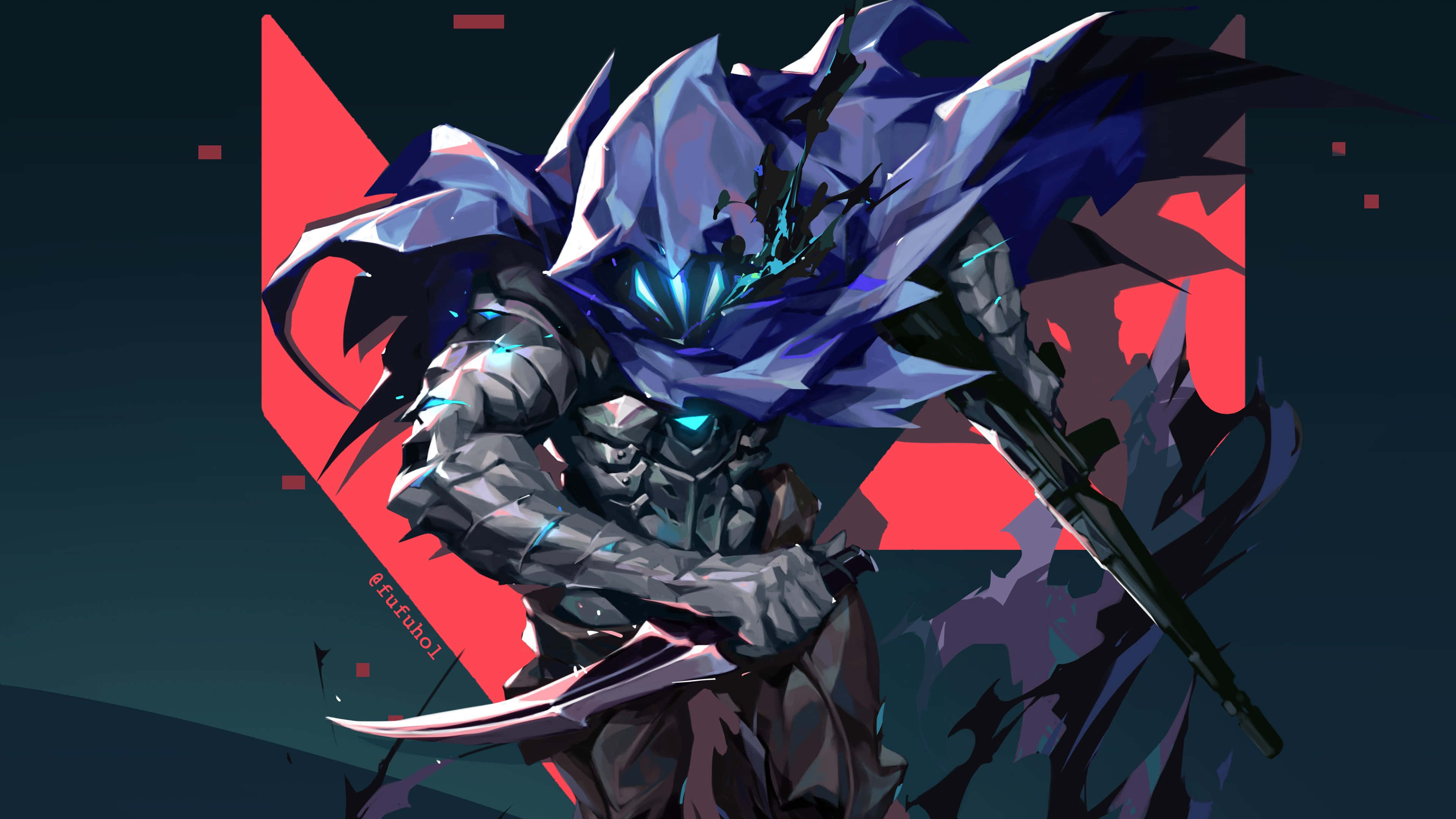 加入戰鬥：4K高清《Valorant》 壁紙 — 一個威風凜凜的裝甲戰士，擁有發光的藍色眼睛和飄逸的斗篷，在帶有紅色幾何圖形的黑暗背景中揮舞著利刃。