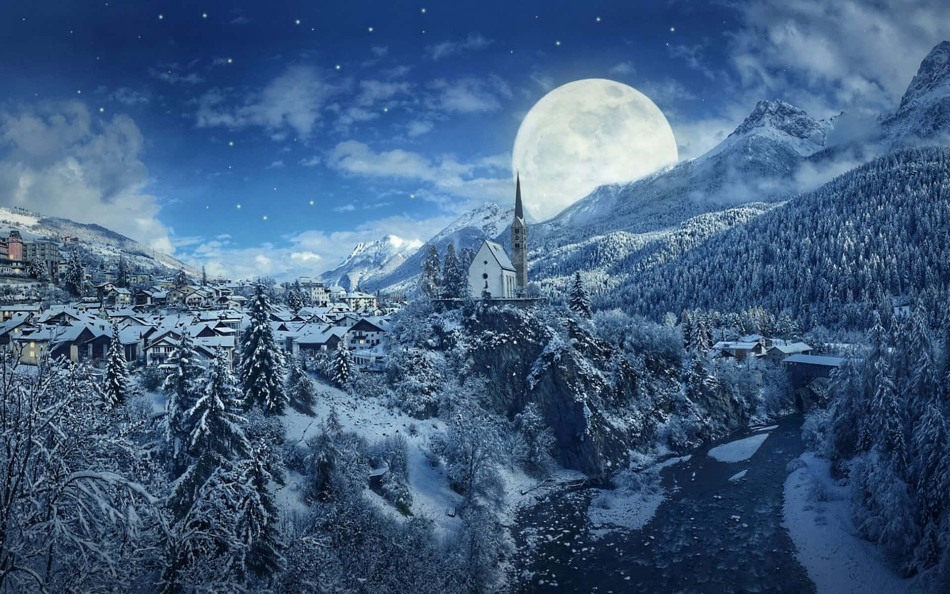 雪覆蓋的山村，滿月星空下的教堂