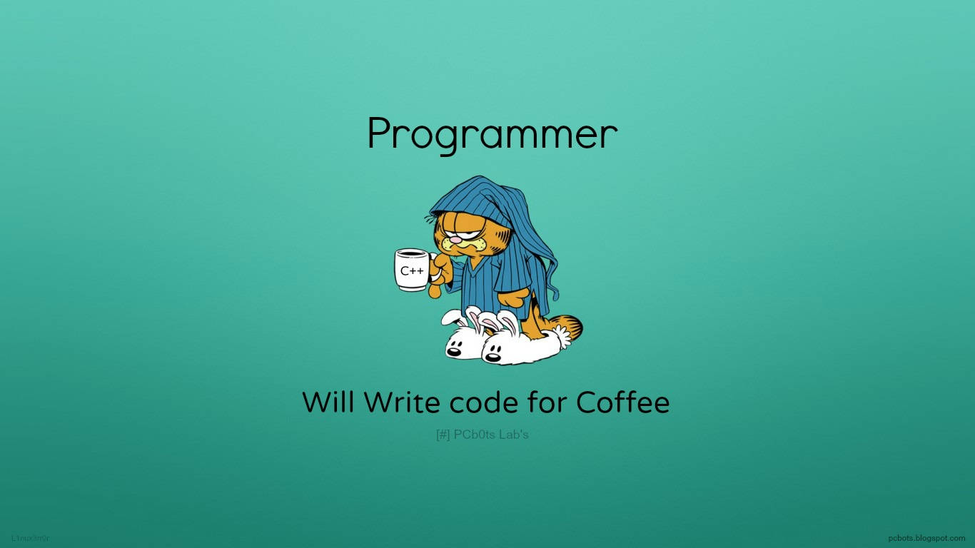 加菲貓穿睡袍手持C++咖啡杯，文字Programmer Will Write Code for Coffee