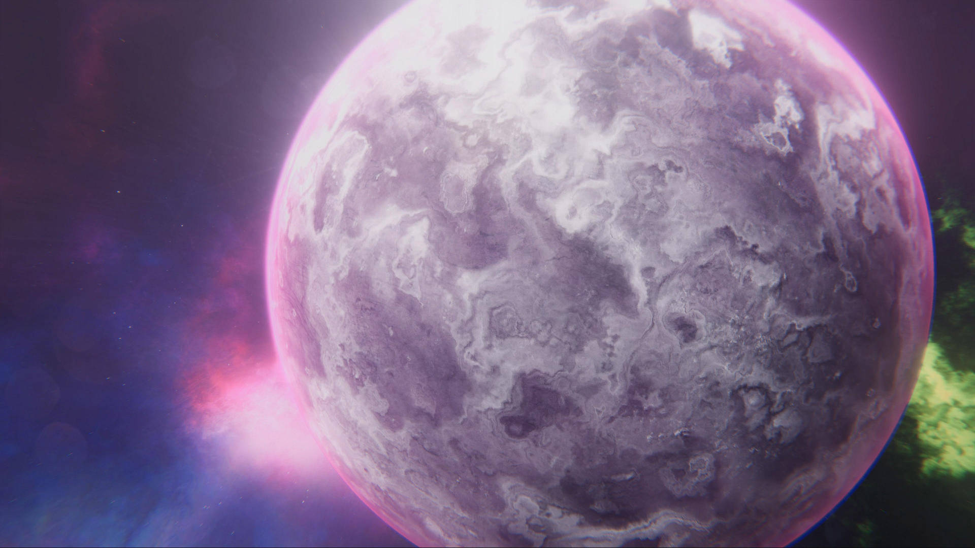 一個在多彩宇宙星雲中帶有旋轉雲層的發光紫色行星。