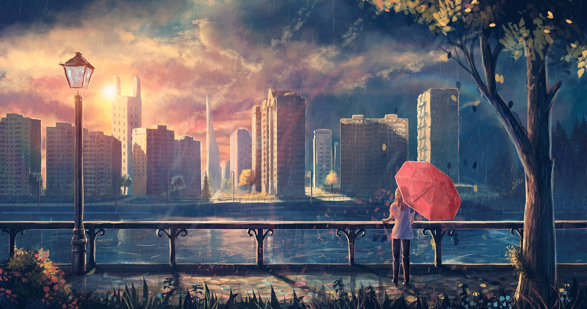 撐紅傘的人透過雨水觀看日落時的城市