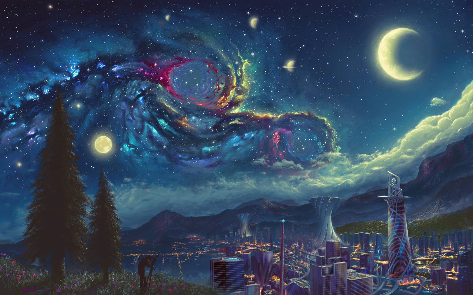 夜晚的未來城市，在宇宙星雲和新月之下。