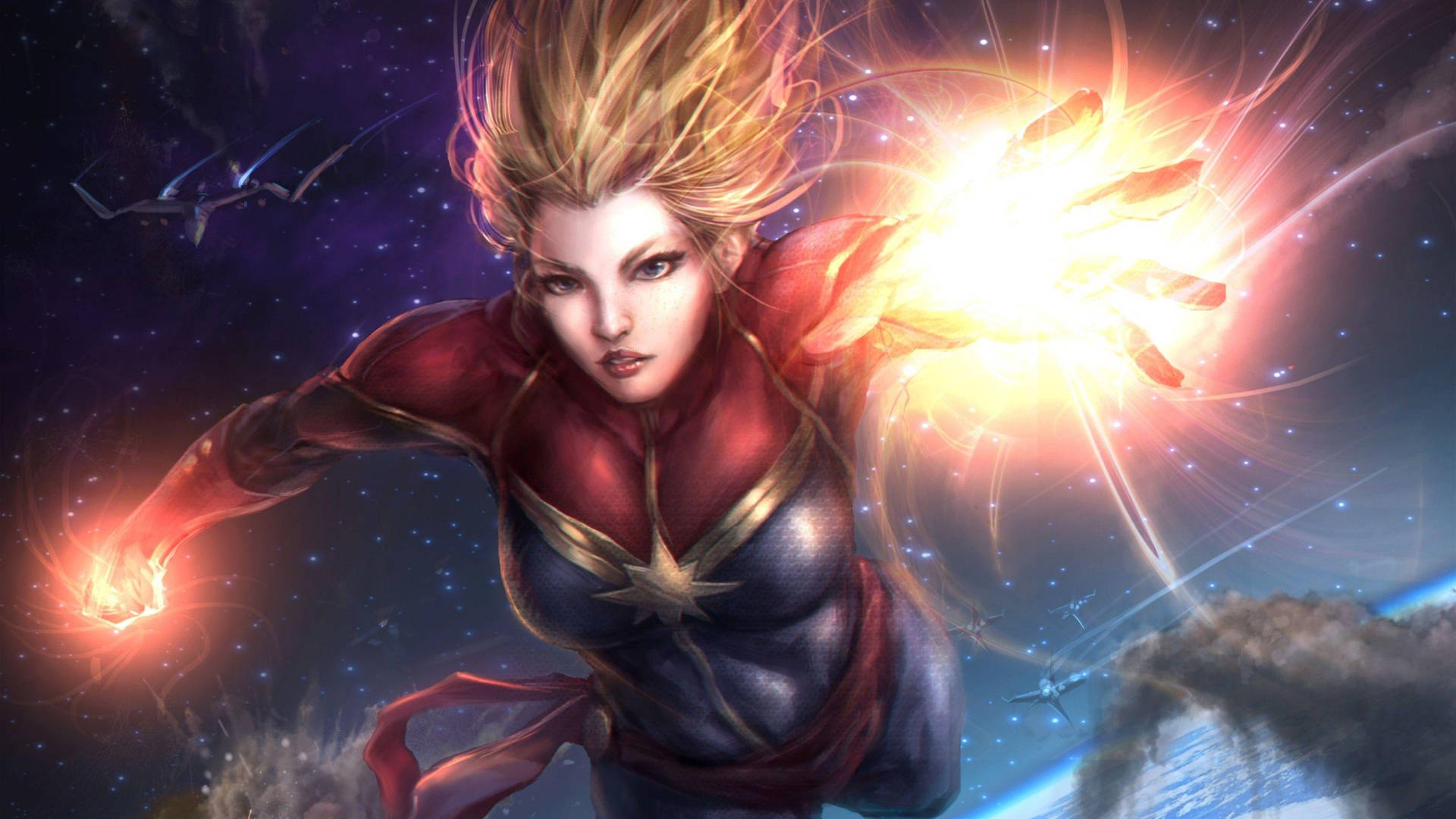 身穿紅藍戰衣的 Captain Marvel 在太空發射能量爆炸