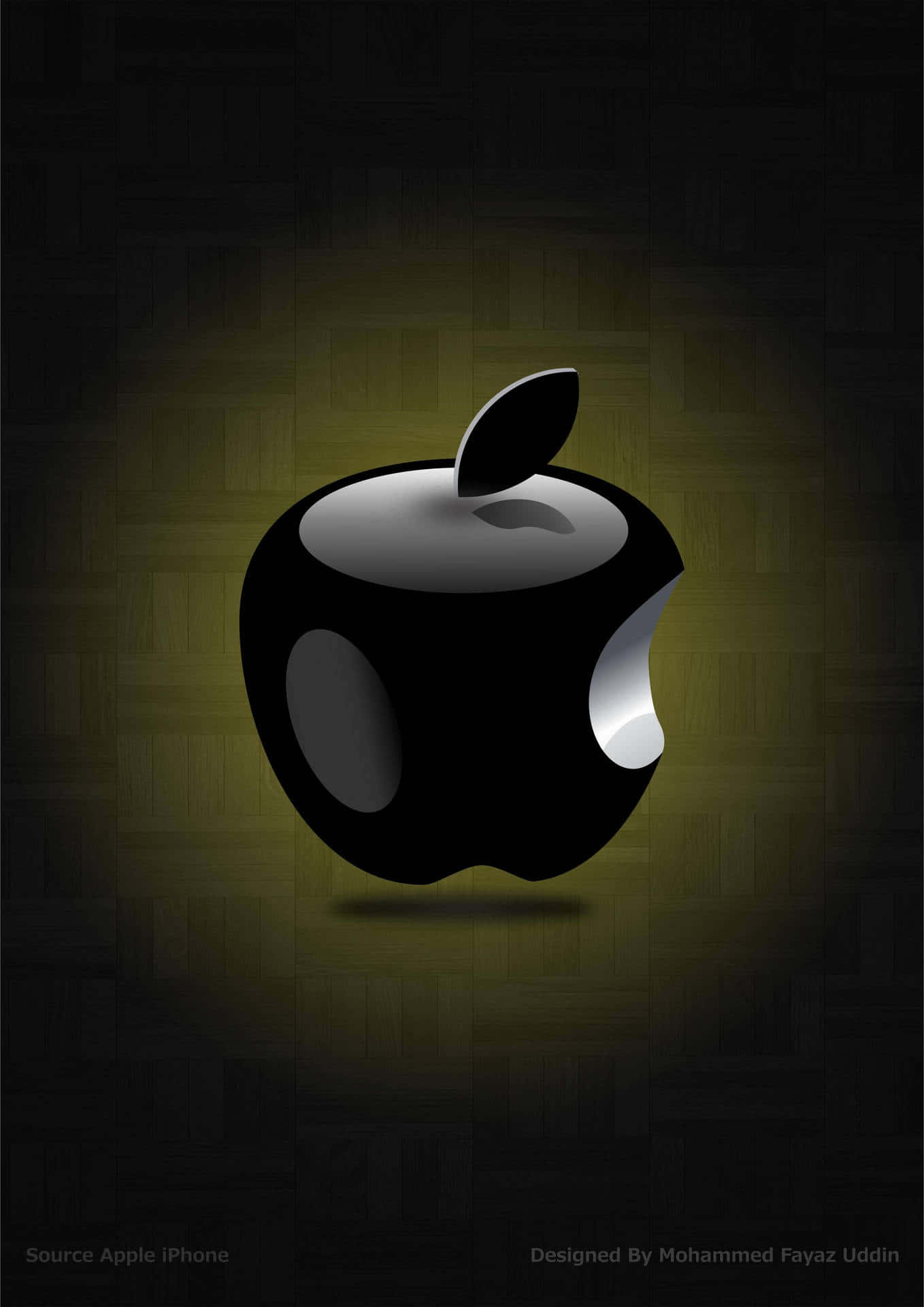 帶有咬痕的光澤黑色Apple標誌在聚光燈下於深色紋理背景上發光。