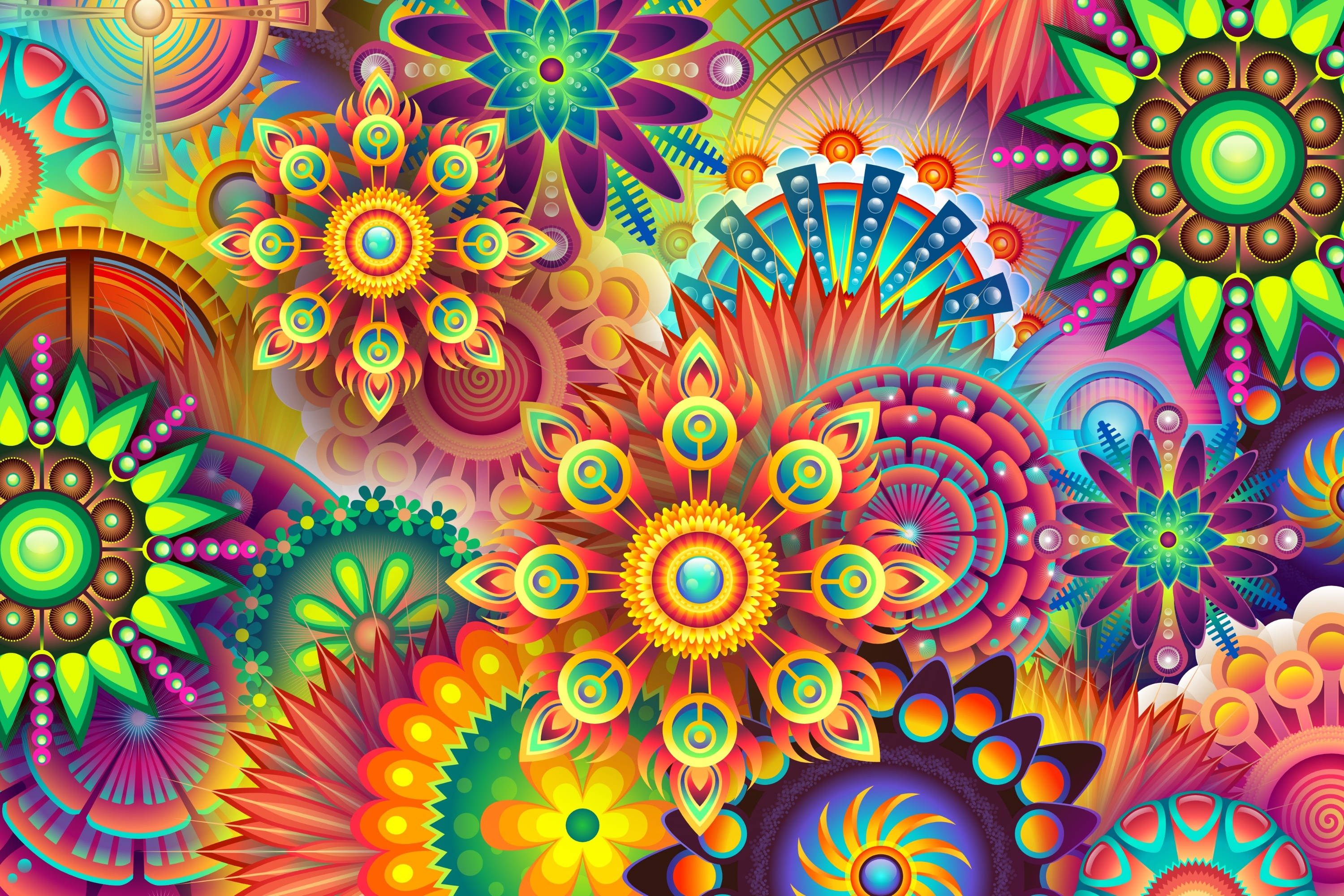 4K向量圖：多彩幾何圖形 壁紙 — 充滿活力的迷幻圖案，包含發光的幾何花朵和螺旋，採用霓虹色彩。