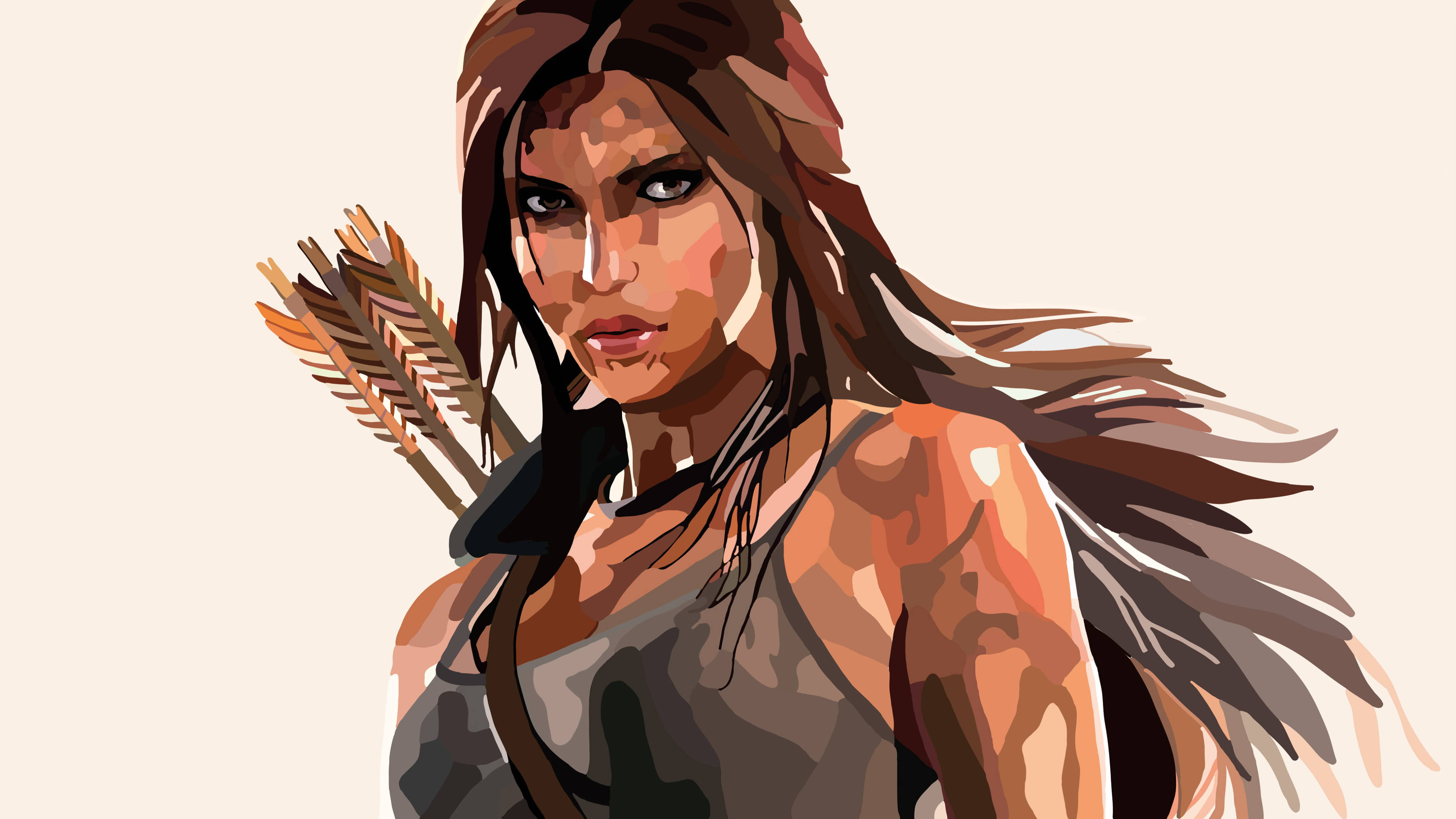 4K向量圖Lara Croft 壁紙 — 一位兇猛的女戰士，長長嘅棕色頭髮同背上綁住箭，喺風格化嘅數碼插圖中專注咁向前望。