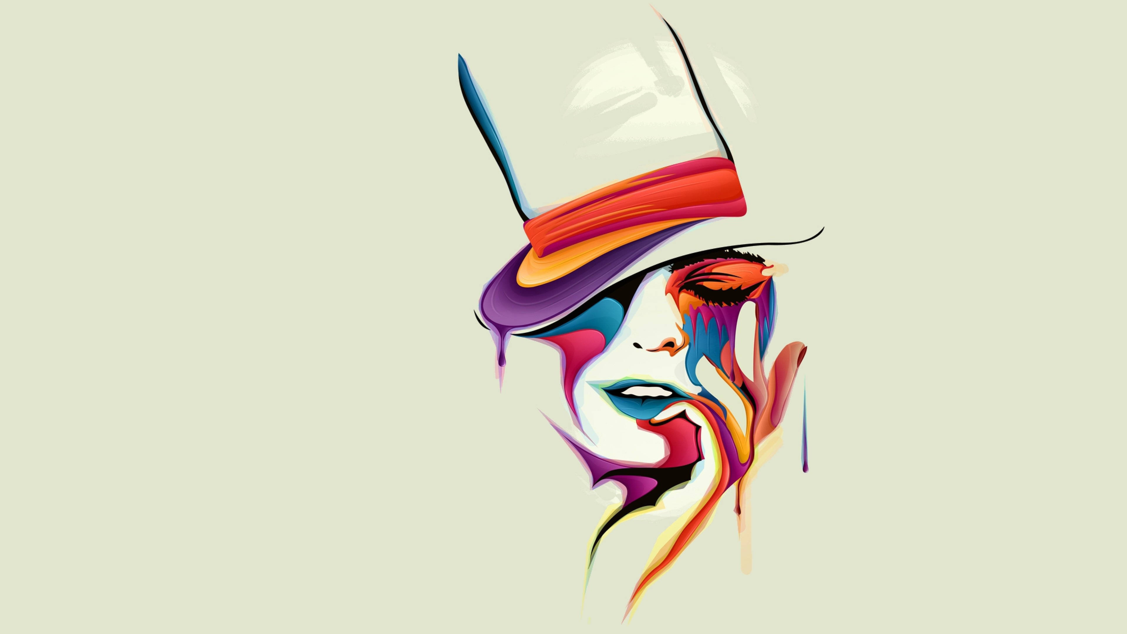 4K向量藝術女性觸臉 壁紙 — 一幅充滿活力的抽象插圖，描繪了一位戴著彩色帽子的女性面孔，帶有滴落顏料效果，背景為淺色。