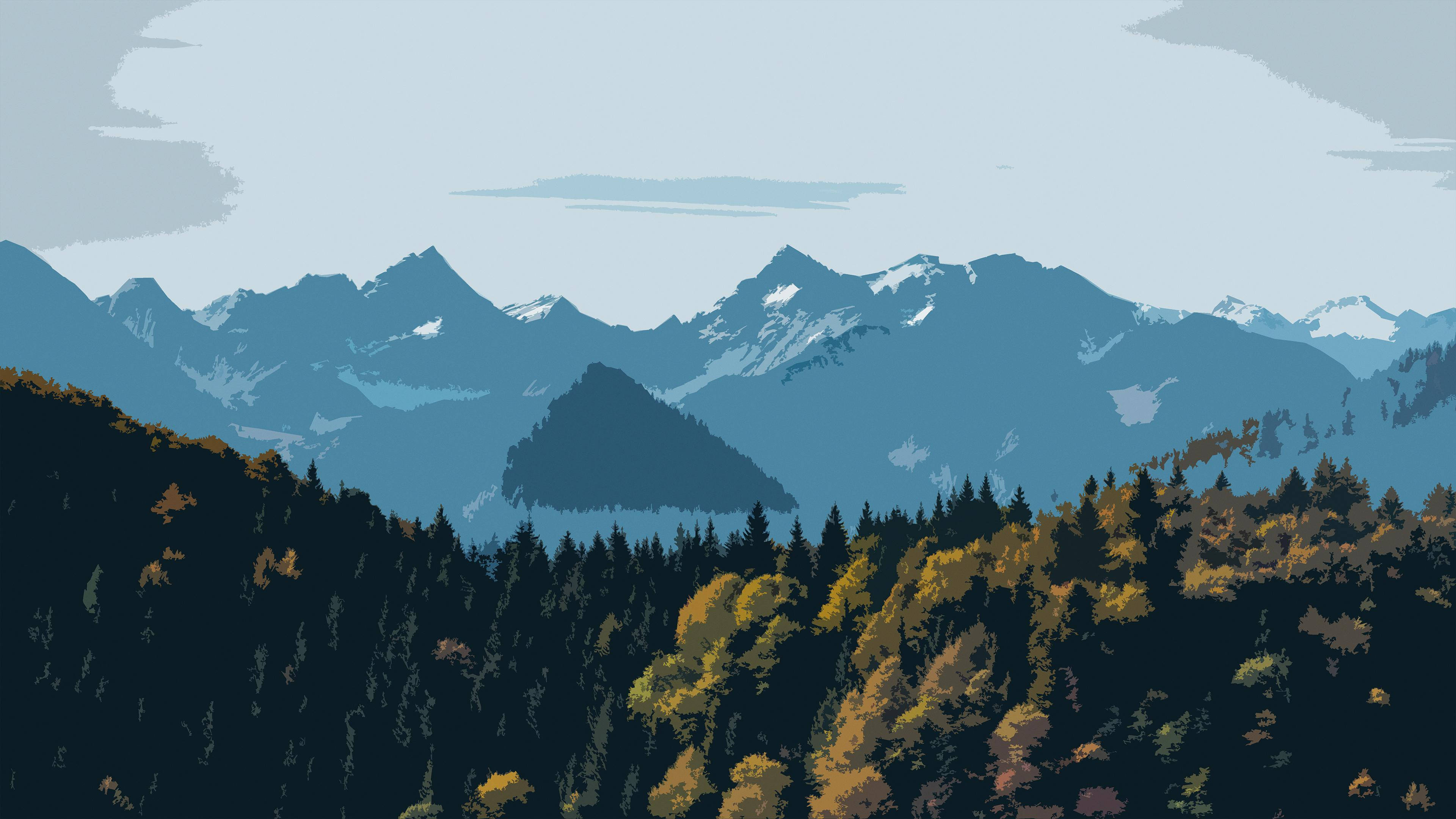 4K向量風格山景 壁紙 — 一個風格化的山脈，山頂積雪，在蒼白的天空下，聳立在常綠樹和秋色樹木的森林後面。