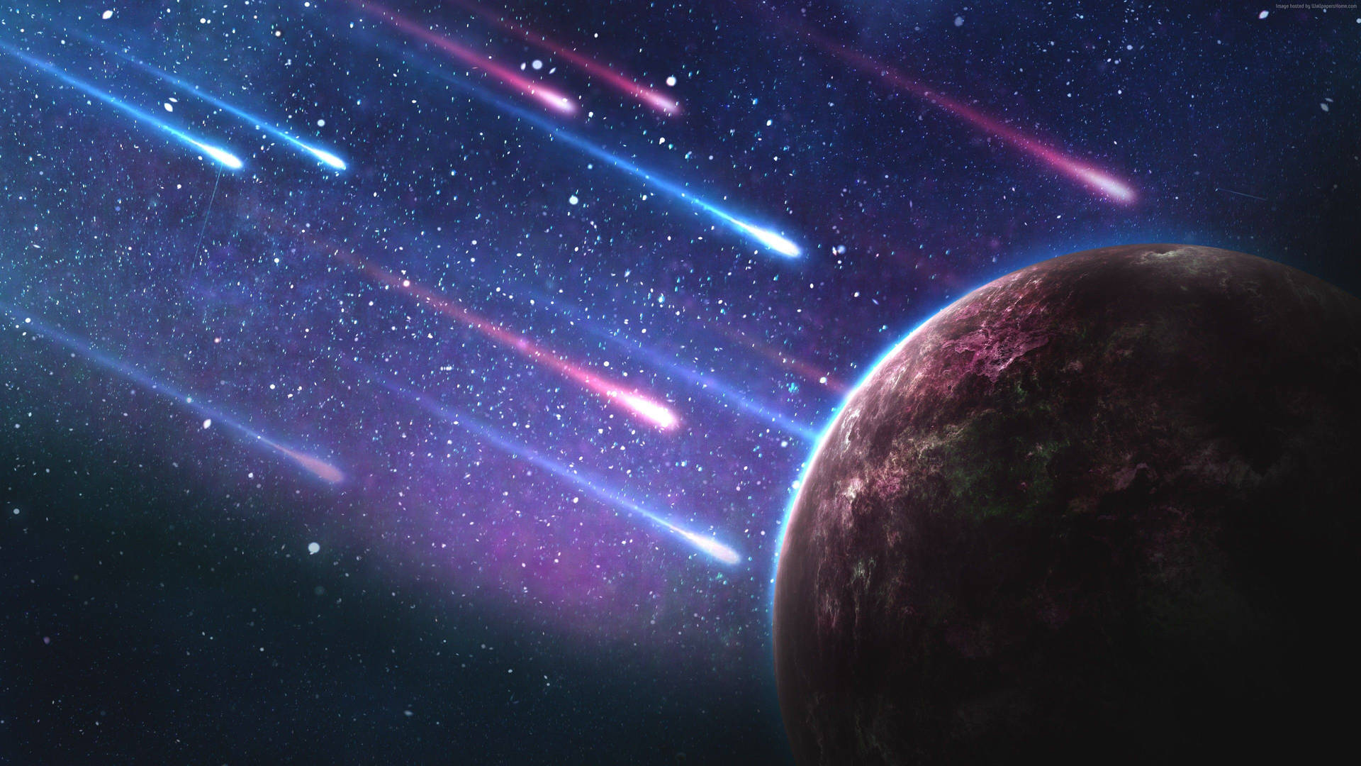 在色彩繽紛的星雲天空中帶有流星的行星
