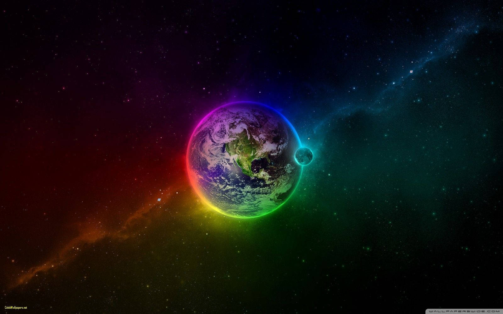 地球在色彩繽紛的星空中散發著彩虹光環。