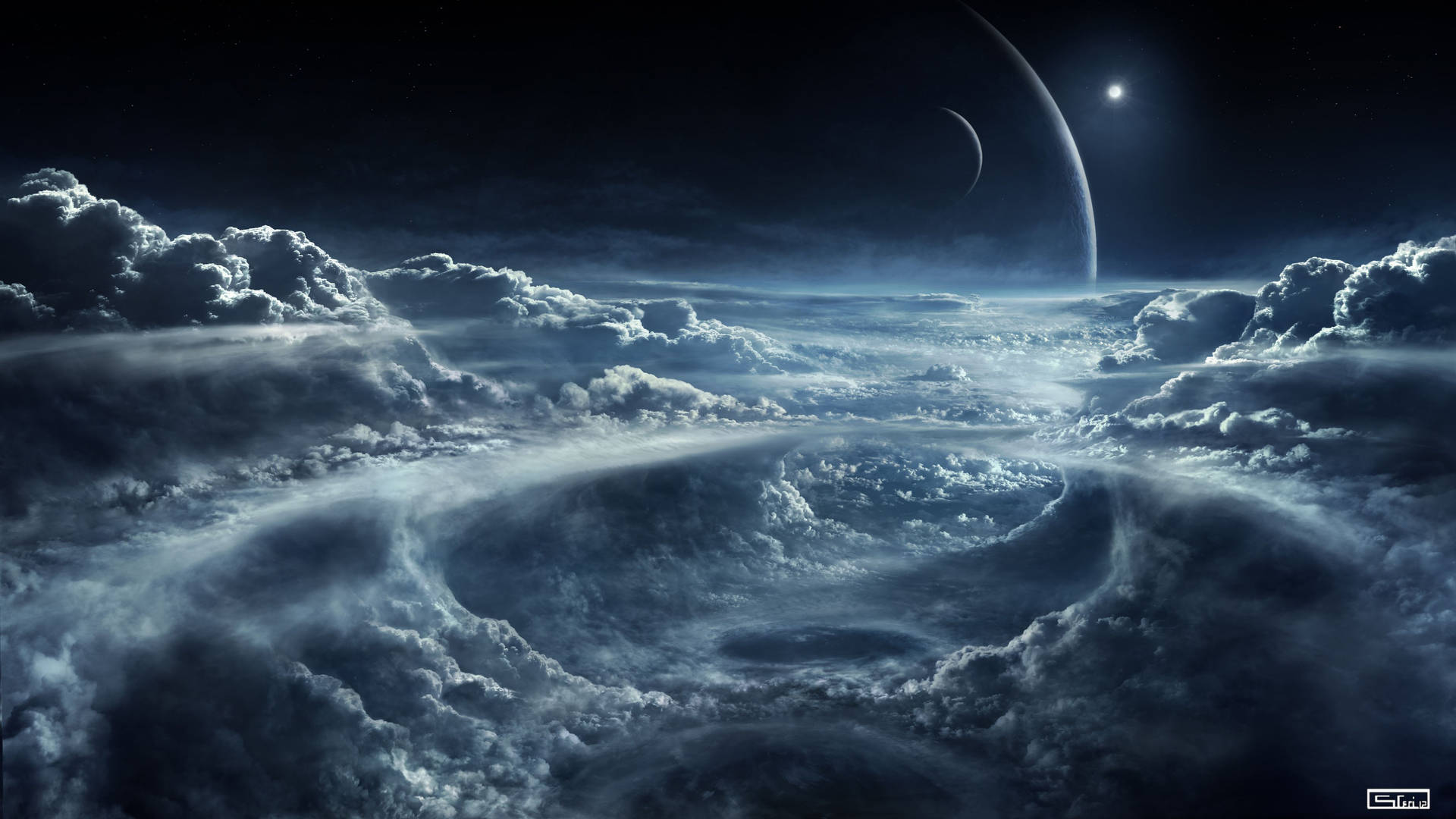 在新月和遠處行星下的宇宙雲層漩渦。 — 4K太空 壁紙