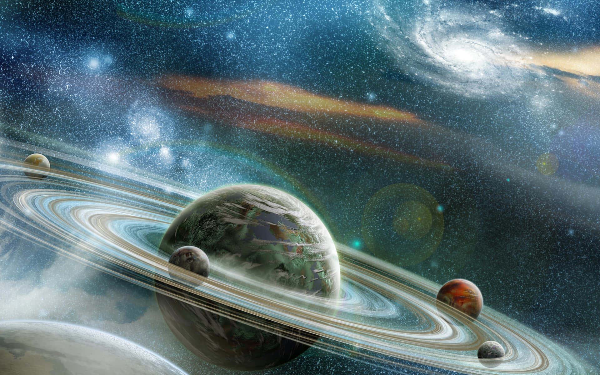 一顆環狀行星漂浮在色彩繽紛的星空星系中，周圍有發光的星雲和遙遠的天體。 — 4K太空 壁紙