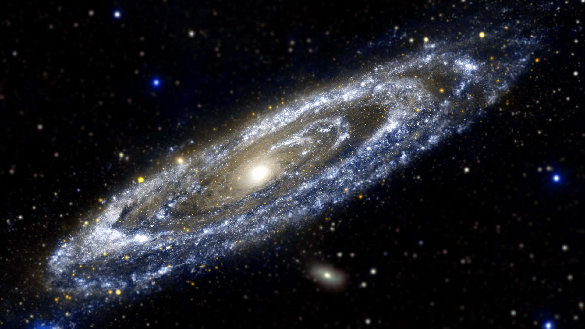 深空中帶有明亮核心和佈滿恆星旋臂的螺旋星系。