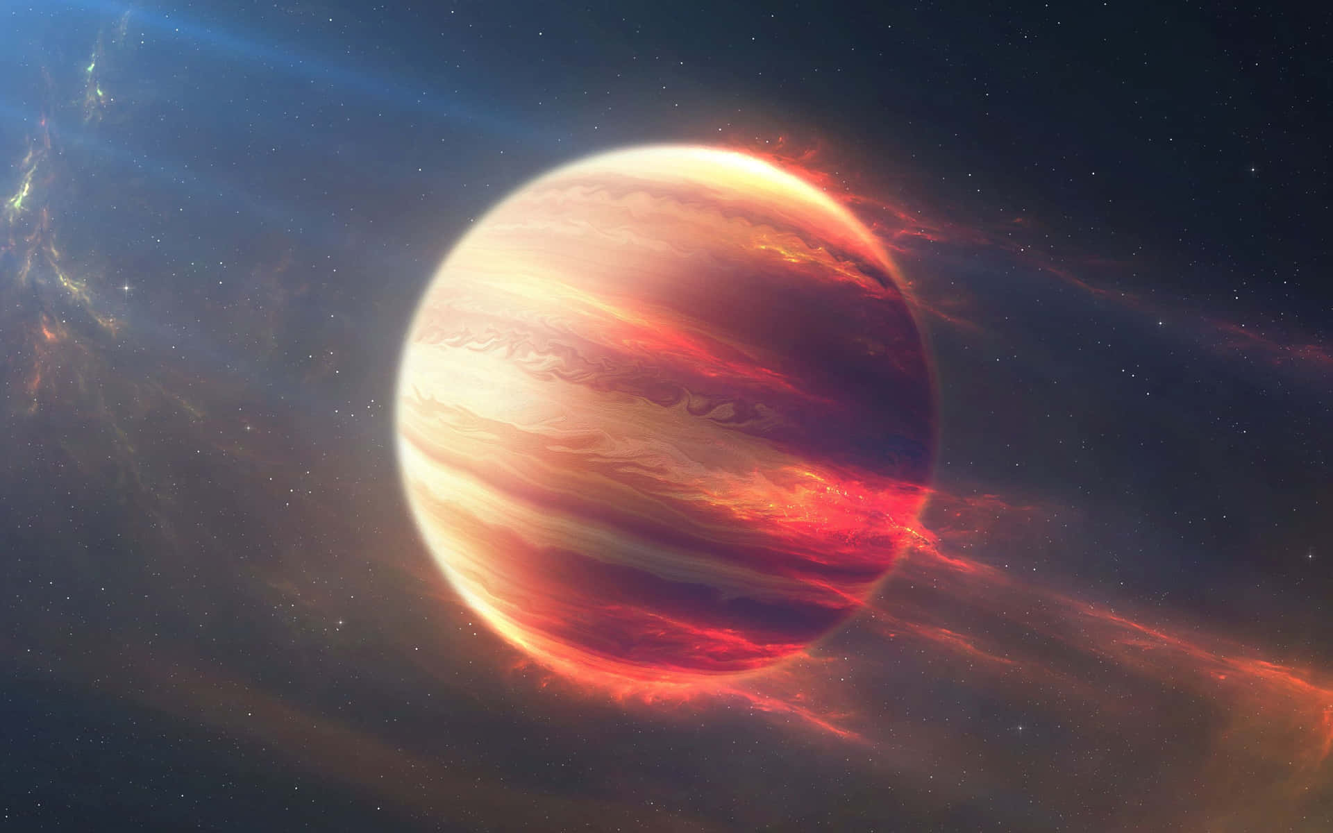 在星光燦爛的宇宙場景中，一顆熾熱的氣體巨星行星，帶有旋轉的雲層和發光的星雲。