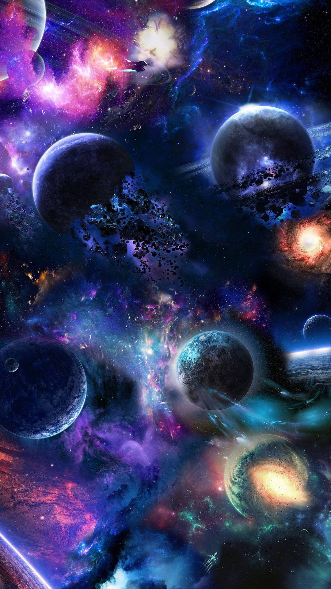 在深空中，色彩繽紛的星雲和發光的行星構成令人眼花繚亂的宇宙場景。