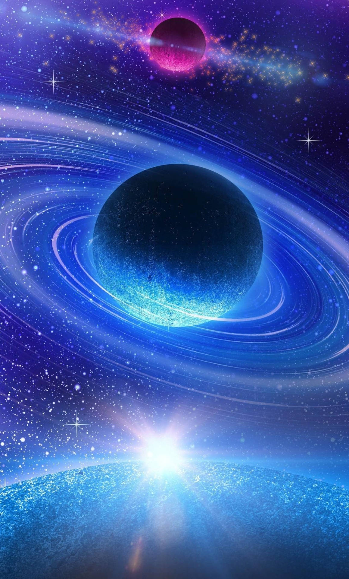 一顆藍色行星，在紫色星空下，星爆之下環發光。