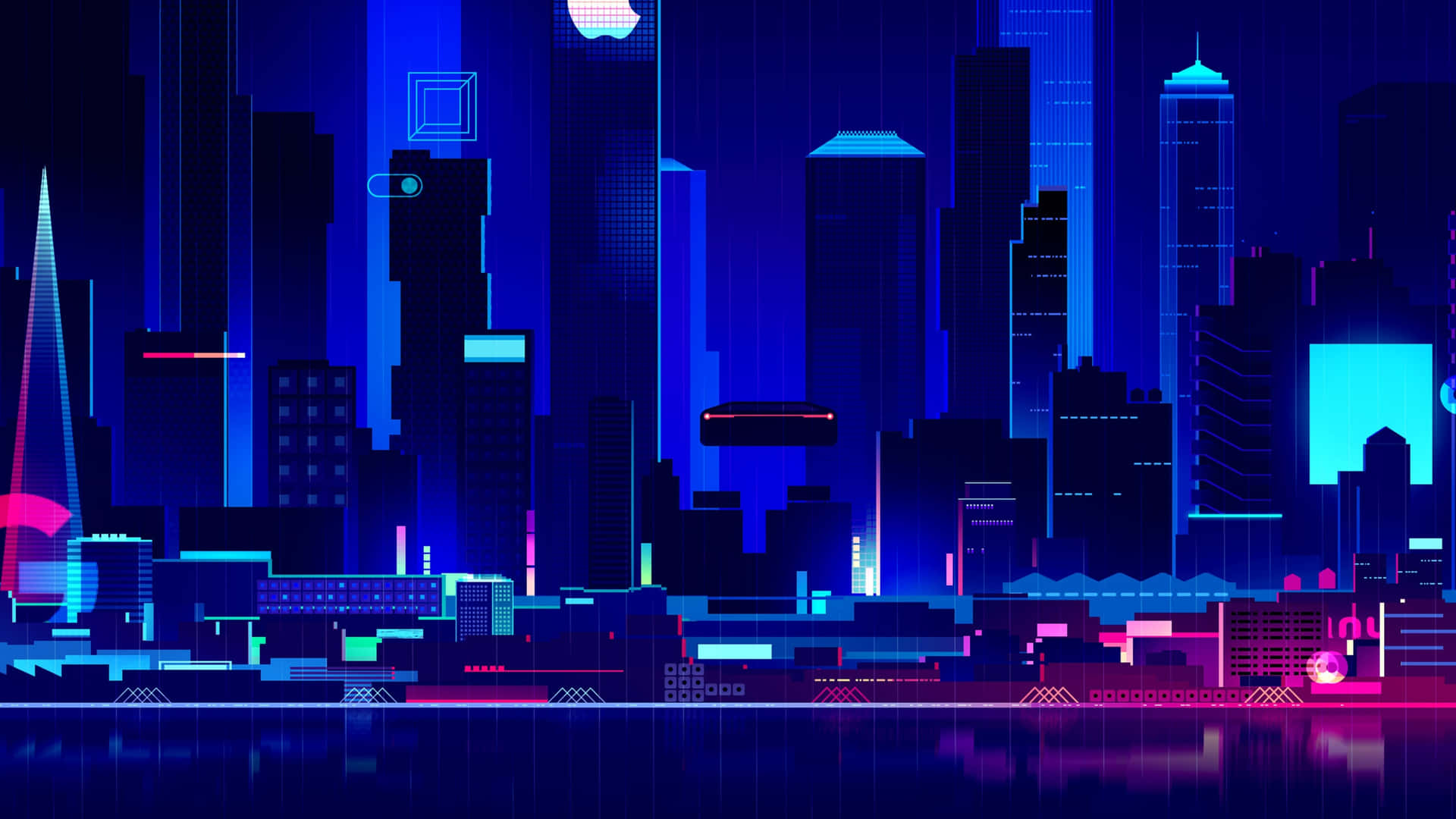 未來城市天際線在夜晚閃爍著霓虹燈光，倒映在水中。