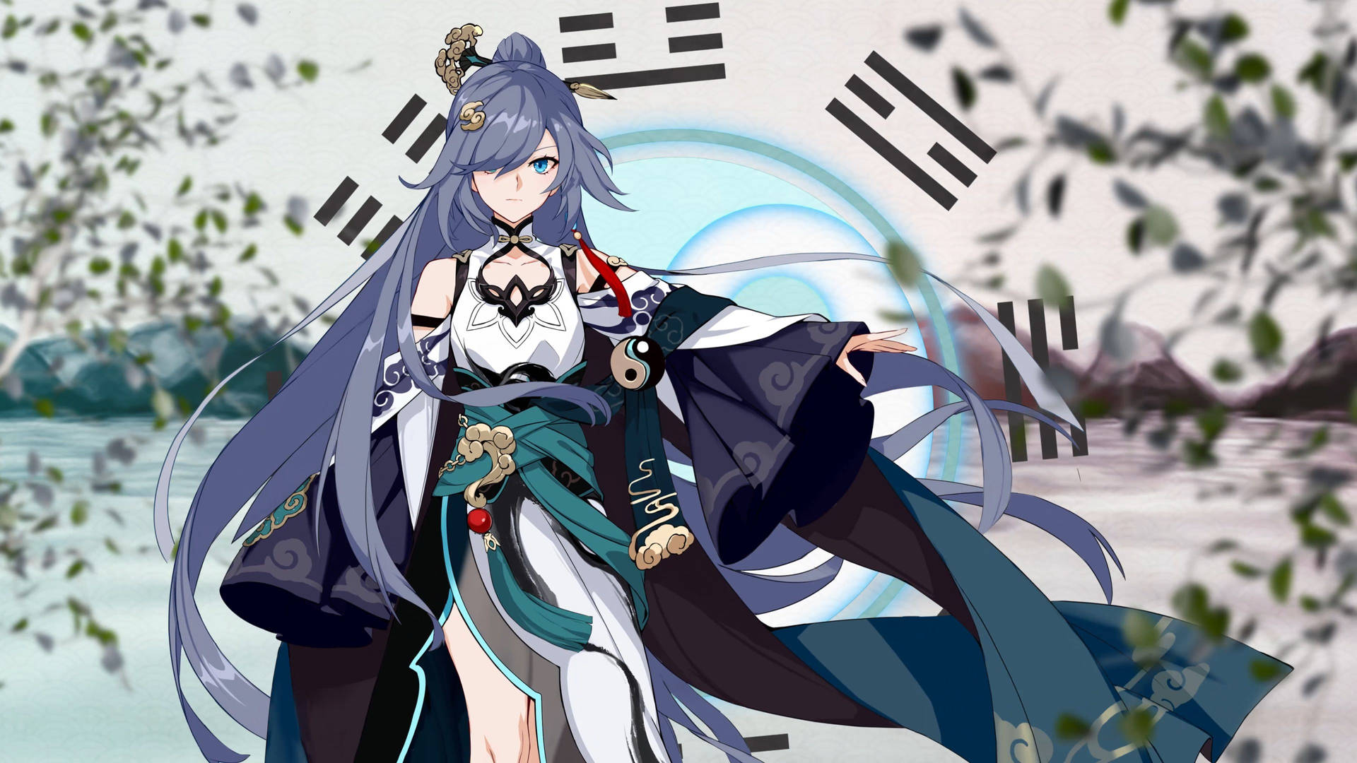 長藍髮動漫少女身穿傳統長袍，在水邊與神秘符號相伴。
