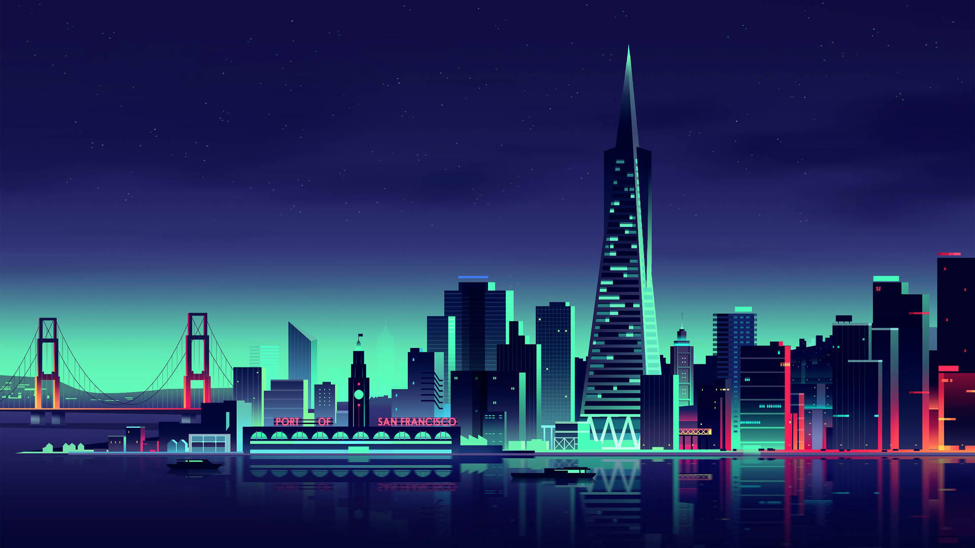 夜晚三藩市天際線，霓虹燈光與大橋在水中的倒影。