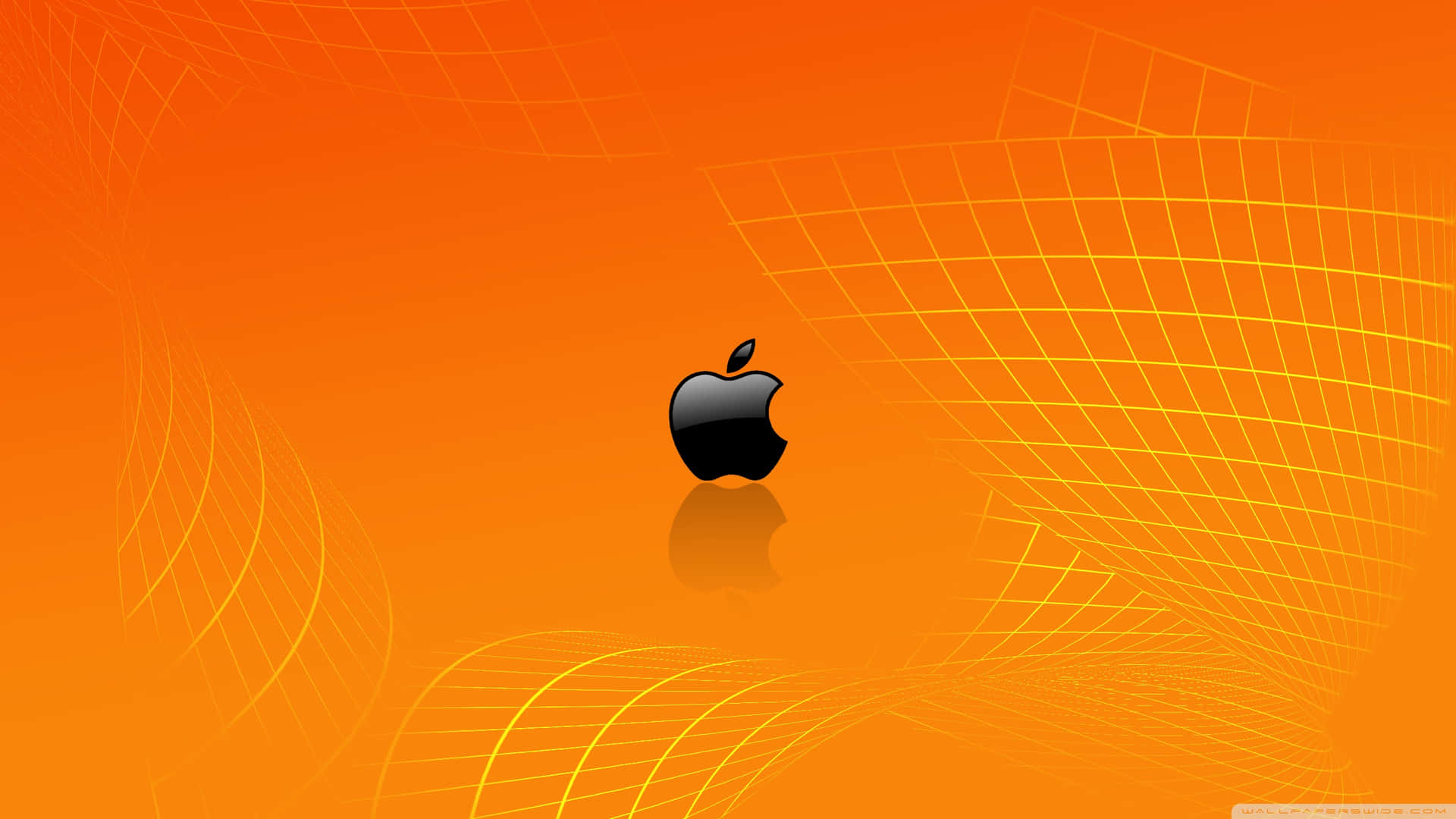 黑色Apple標誌在橙色背景上搭配黃色網格線