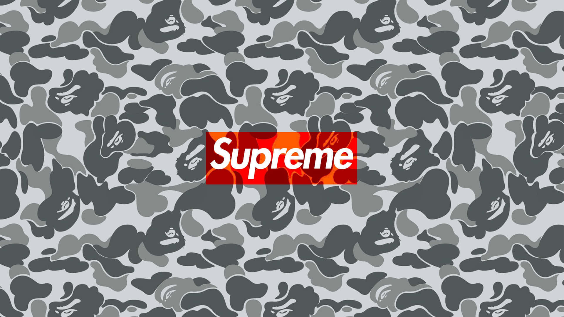 灰色迷彩背景上的Supreme標誌，帶有猿頭圖案