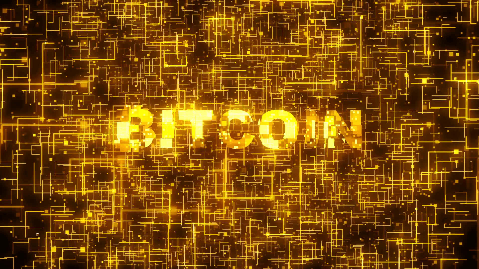 金色比特幣文字被黑暗背景上發光的電路線包圍。