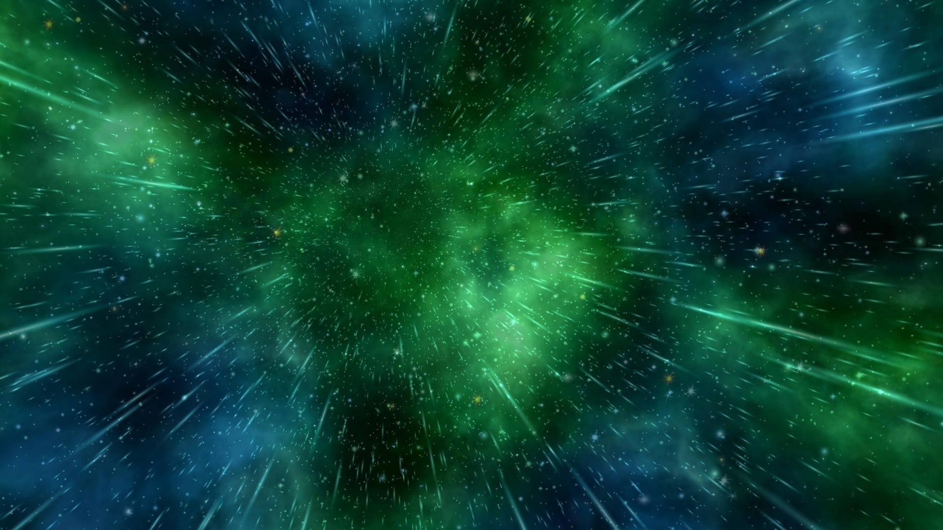 深空中帶有流星的充滿活力的綠色星雲。