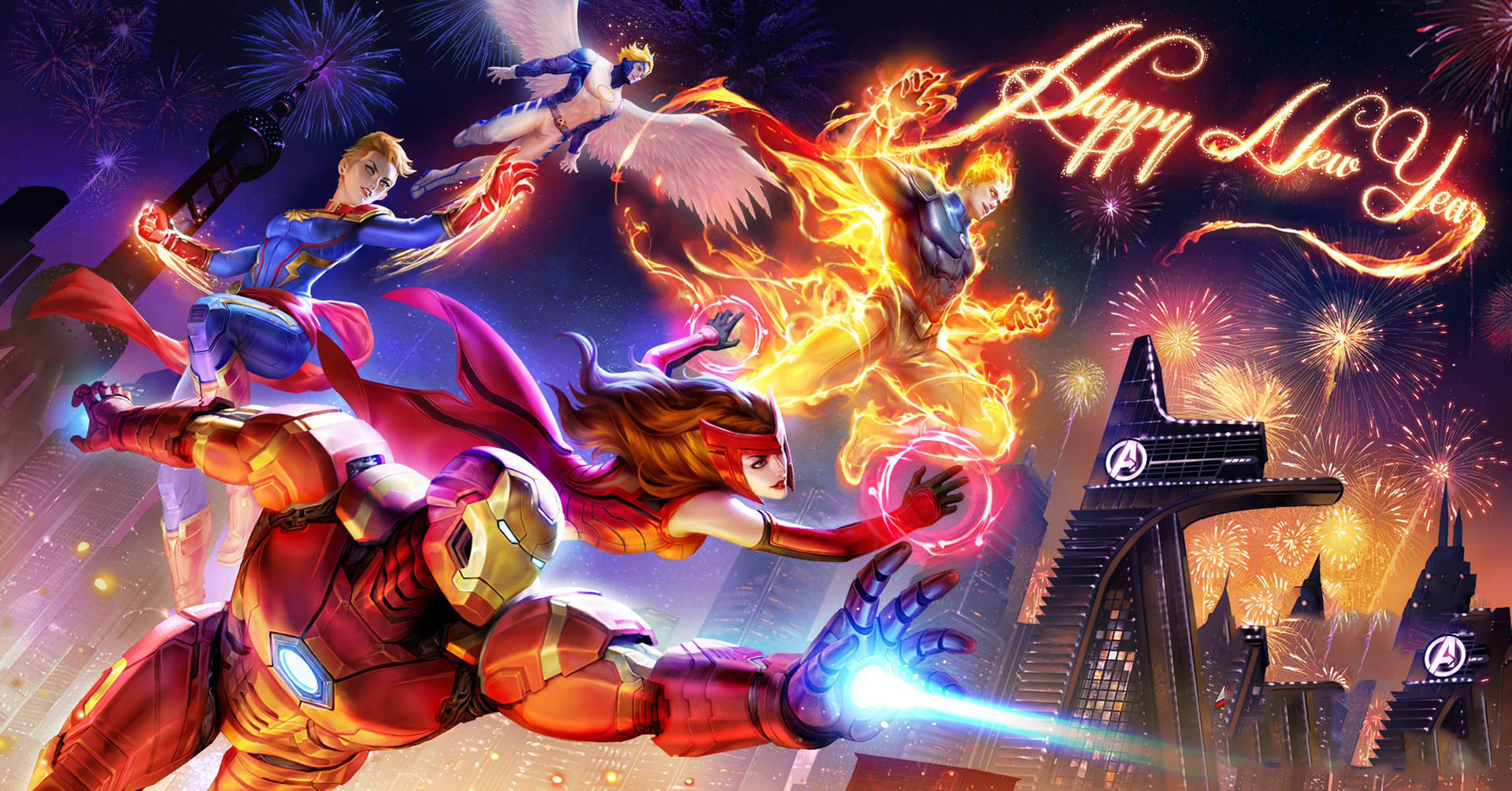 超級英雄在除夕煙花慶祝活動中翱翔於城市上空。 — 4K Marvel 壁紙 壁紙