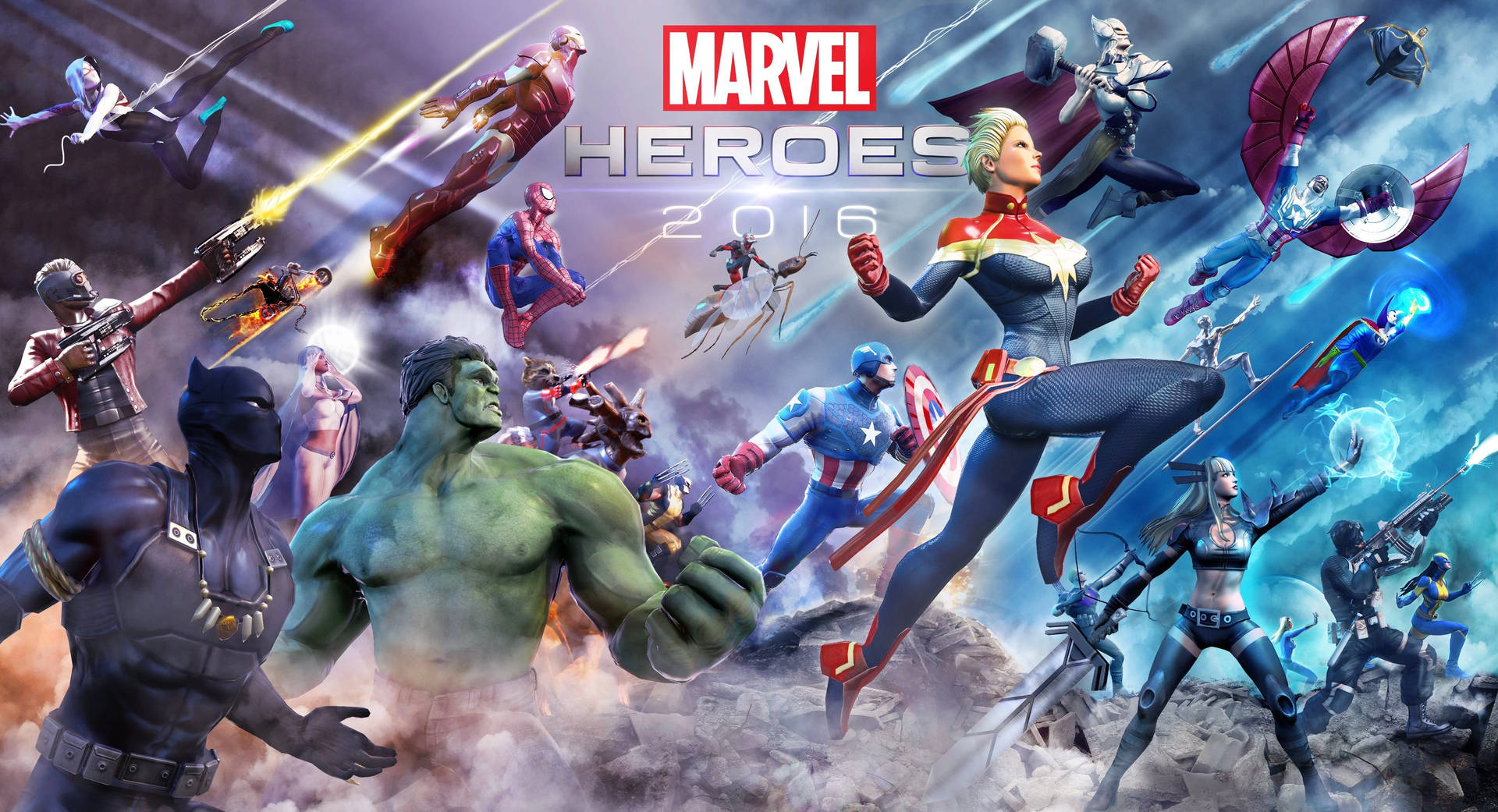 漫威超級英雄在戰鬥中，伴隨著能量爆炸和飛行姿勢。 — 4K Marvel 壁紙 壁紙
