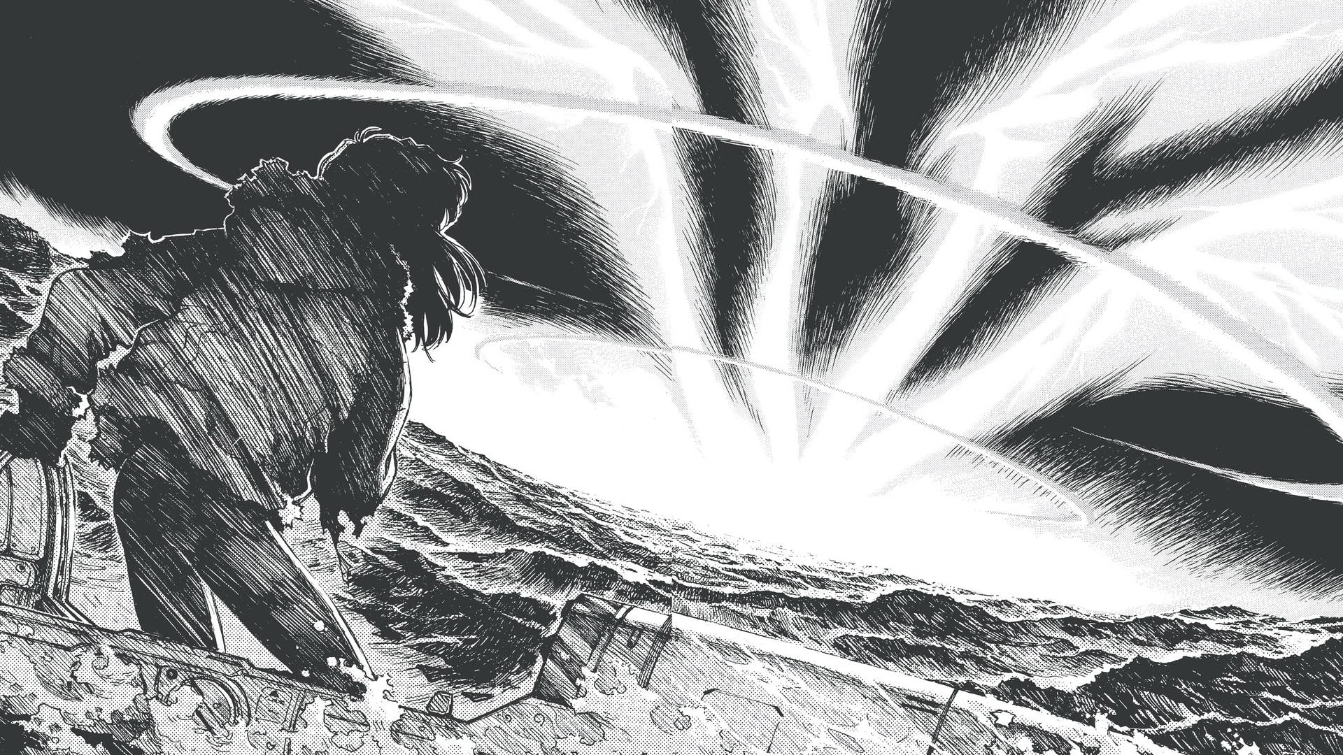 4K漫畫《新世紀福音戰士》 壁紙 — 一個孤獨的身影站在風暴中的懸崖上，一個巨大的發光能量漩渦在翻騰的海面上爆發。