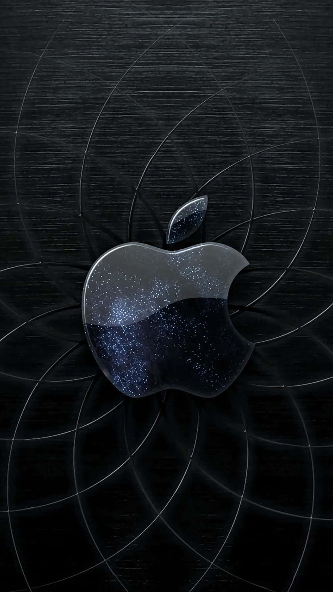 一個充滿星星的Apple標誌，在深色紋理背景上帶有發光圓圈。