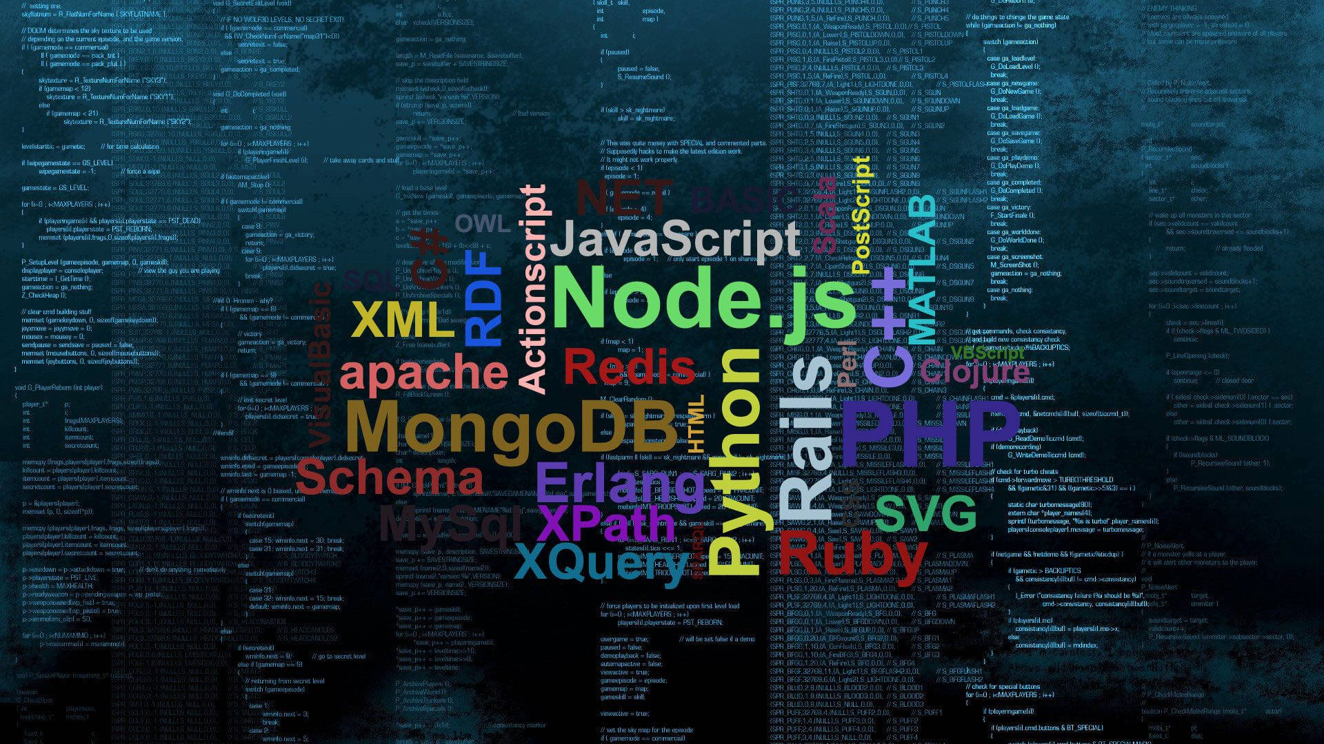色彩繽紛的程式術語如 JavaScript 和 Python 漂浮在深色程式碼背景上。